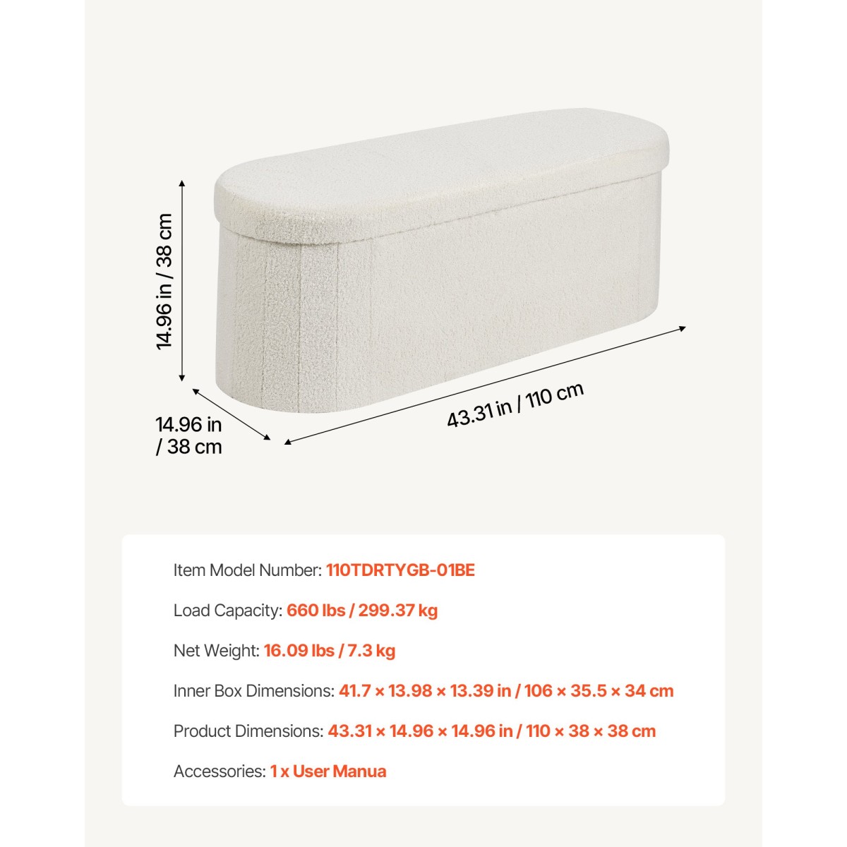 VEVOR Oval Storage Ottoman Πάγκος, Πτυσσόμενο Teddy Fleece End of Bed Bench, Πτυσσόμενο κρεβάτι με επένδυση Ottoman στήθος με μεγάλο αποθηκευτικό χώρο, υποστηρίζει 660 lbs, για σαλόνι, υπνοδωμάτιο, είσοδος, μπεζ