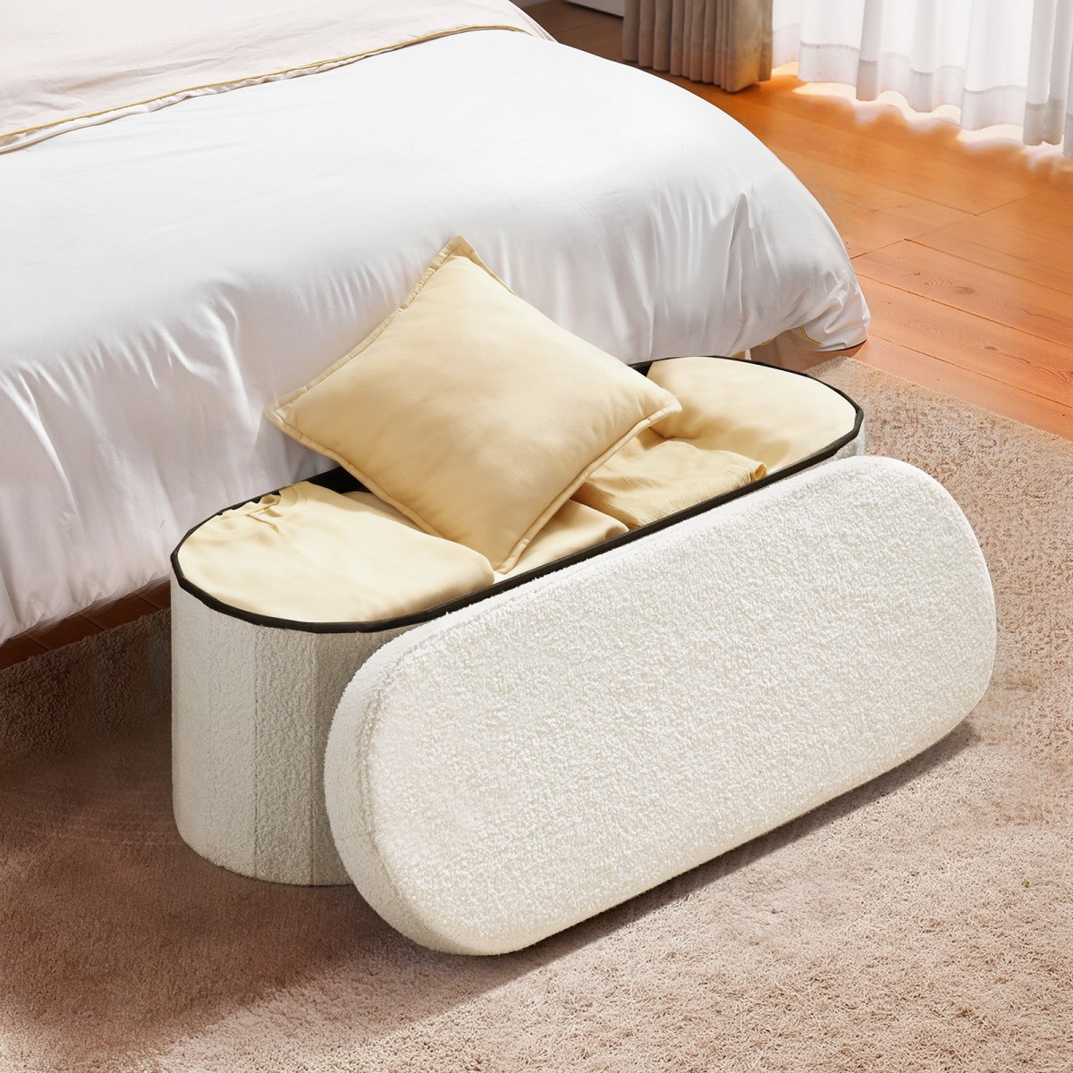 VEVOR Oval Storage Ottoman Πάγκος, Πτυσσόμενο Teddy Fleece End of Bed Bench, Πτυσσόμενο κρεβάτι με επένδυση Ottoman στήθος με μεγάλο αποθηκευτικό χώρο, υποστηρίζει 660 lbs, για σαλόνι, υπνοδωμάτιο, είσοδος, μπεζ