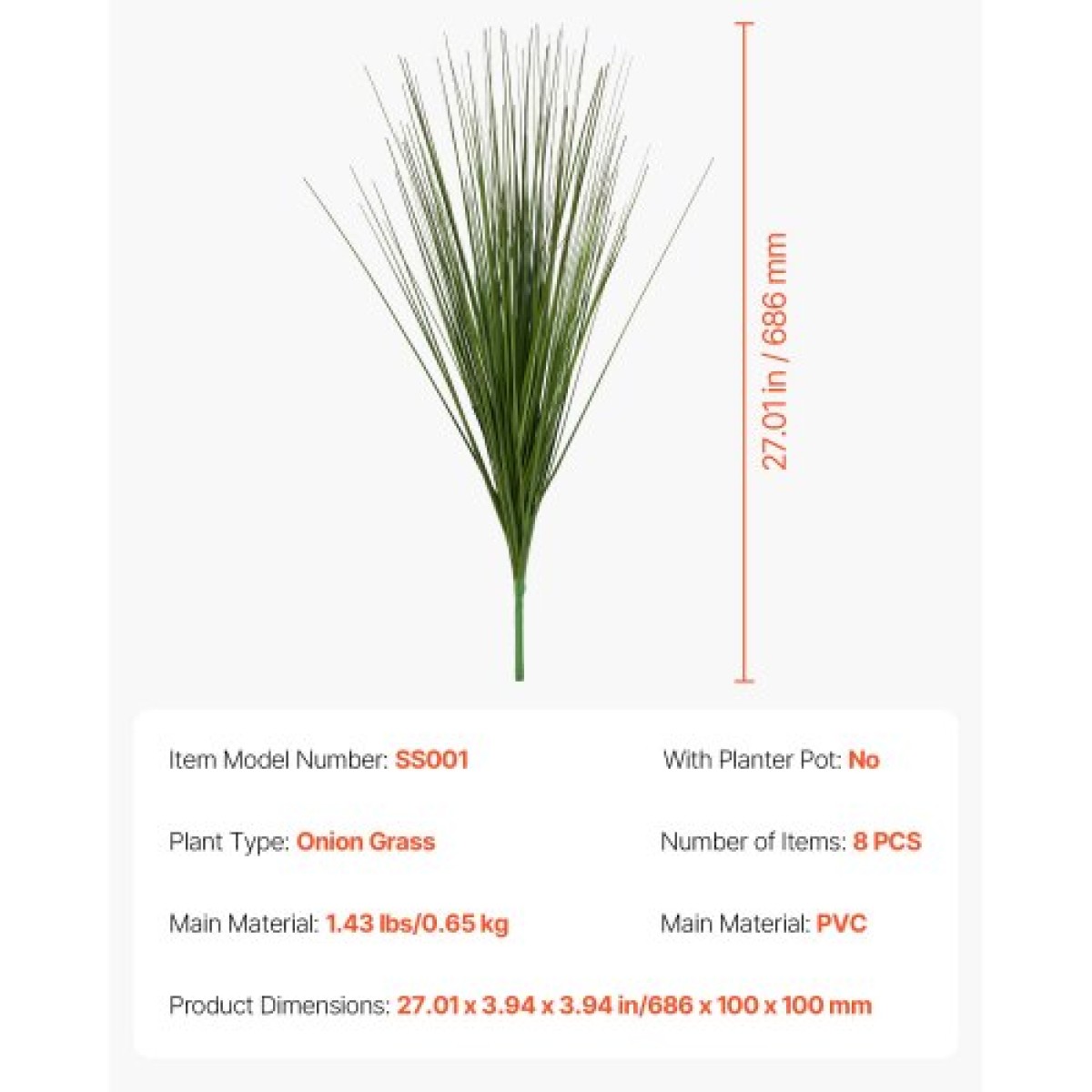 Φυτό τεχνητού γρασιδιού VEVOR, 686 χιλιοστά Faux Onion Grass Fake Greenery Shrubs, Premium PVC for Indoor Outdoor House Home Garden Decoration Room Office, Housewarming, 8 Pack Green