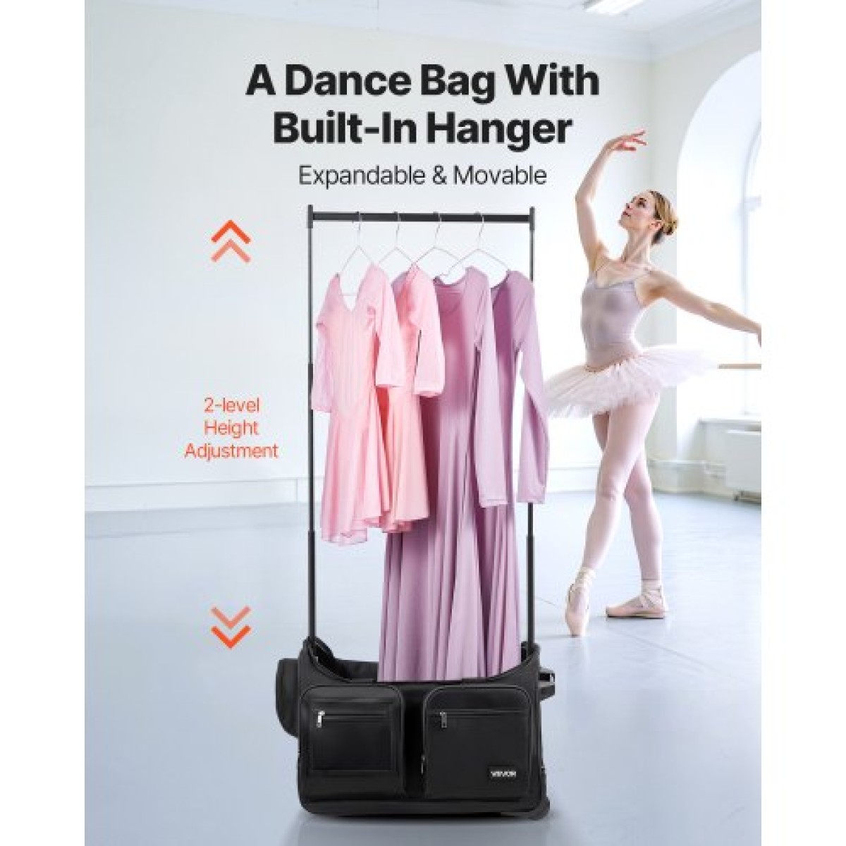 Τσάντα χορού VEVOR με ράφι ενδυμάτων, 584,2 mm Rolling Dance Duffel, με ρόδες, θύρα USB, ράφι ρούχων με ρυθμιζόμενο ύψος, κουρτίνα προστασίας απορρήτου, Ιδανικό για ταξίδια και αγώνες, Μαύρο ματ
