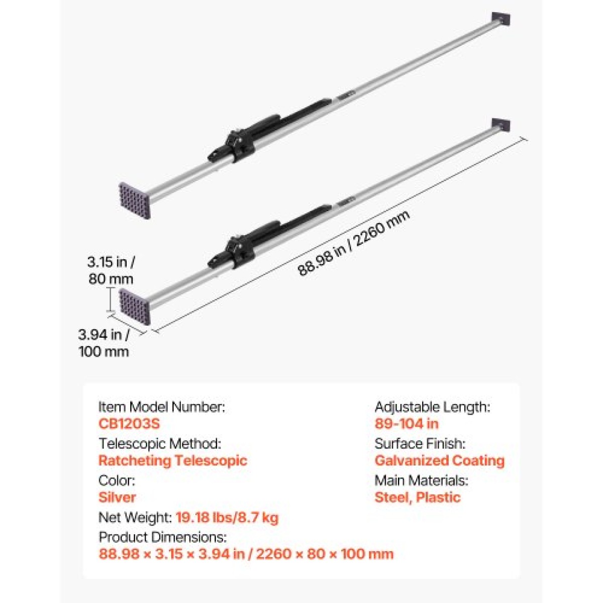 VEVOR Cargo Bar, Ratcheting Bar Cargo Ρυθμιζόμενη από 2261mm έως 2642mm, Σταθεροποιητής Cargos από χάλυβα βαρέως τύπου με αντιολισθητικό πέλμα ποδιών, ράβδοι κλειδαριάς φόρτωσης κρεβατιού φορτηγού για φορτηγό κουτί, ημιρυμουλκούμενο, ρυμουλκούμενο (2 ΤΕΜ)