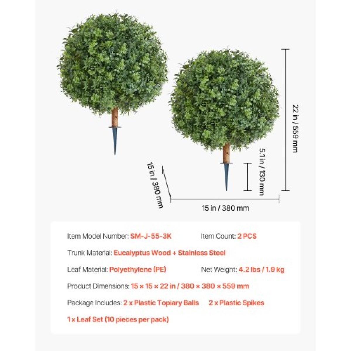 VEVOR Artificial Topiary Boxwood Trees with Ground Spike, 2 Set 559mm faux θάμνοι & θάμνοι φυτά σε γλάστρες, Fake Silk Tree Look Real for Decor Μπροστινή βεράντα Εσωτερική βεράντα Εσωτερική βεράντα Κήπος Μπαλκόνι Πίσω αυλή
