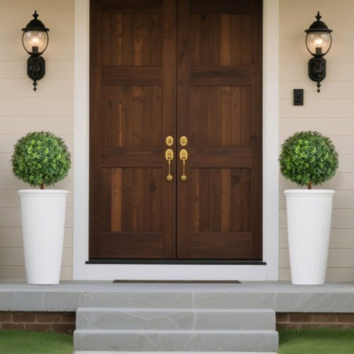 VEVOR Artificial Topiary Boxwood Trees with Ground Spike, 2 Set 559mm faux θάμνοι & θάμνοι φυτά σε γλάστρες, Fake Silk Tree Look Real for Decor Μπροστινή βεράντα Εσωτερική βεράντα Εσωτερική βεράντα Κήπος Μπαλκόνι Πίσω αυλή