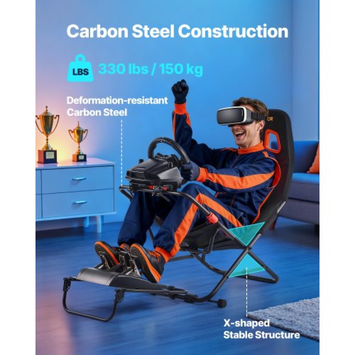 VEVOR Φορητό Racing Wheel Stand, Αναδιπλούμενο & Ρυθμιζόμενο Steering Sim Wheel Stand, Εσωτερικό πλάτος καθίσματος 470 mm, Συμβατό με Logitech G923/G920/G29, Thrustmaster T248P, Fanatec, Hori, Mad Catz, Μαύρο