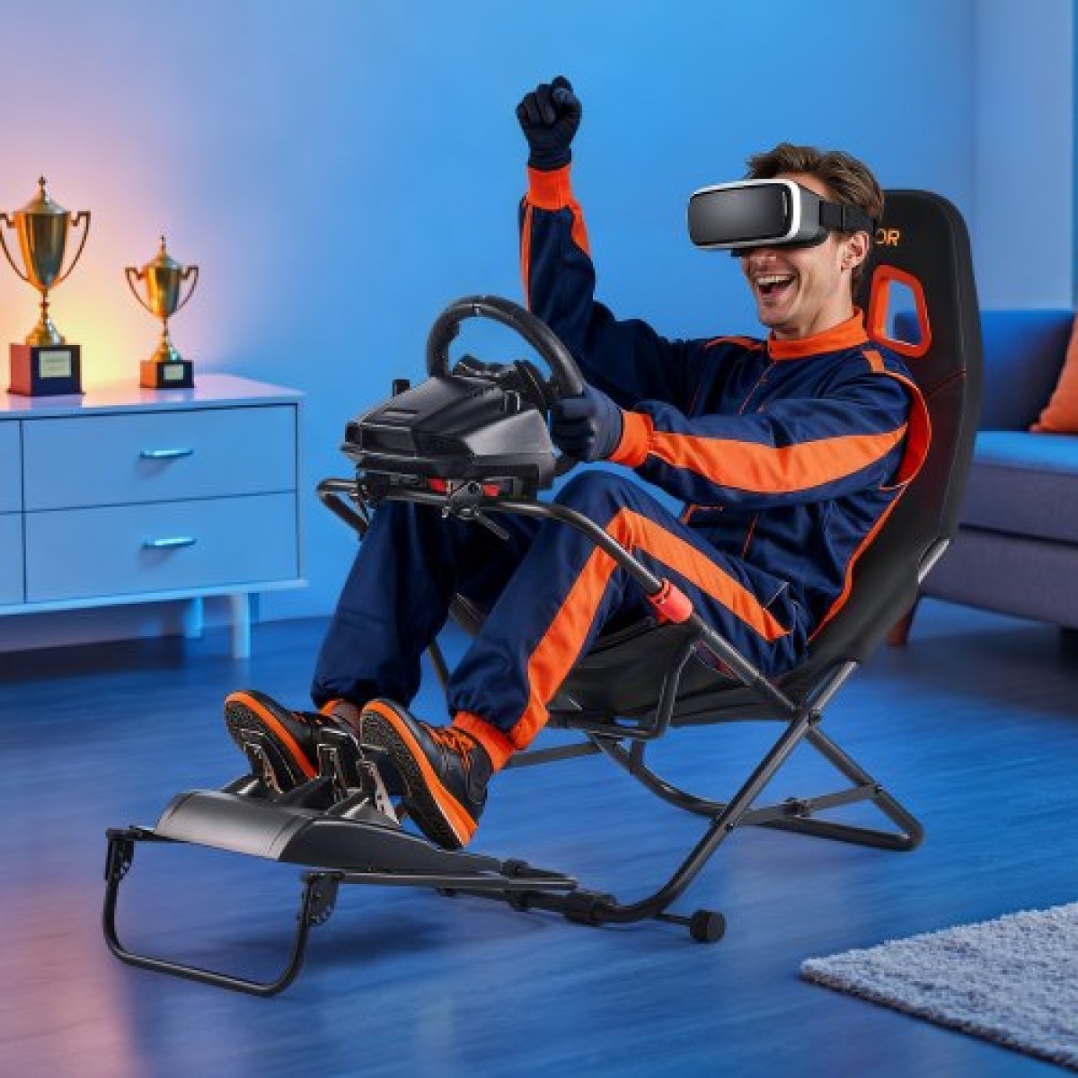 VEVOR Φορητό Racing Wheel Stand, Αναδιπλούμενο & Ρυθμιζόμενο Steering Sim Wheel Stand, Εσωτερικό πλάτος καθίσματος 470 mm, Συμβατό με Logitech G923/G920/G29, Thrustmaster T248P, Fanatec, Hori, Mad Catz, Μαύρο
