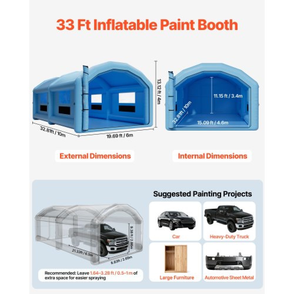 VEVOR Inflatable Paint Booth, 10 x 6 x 4 m, Inflatable Spray Booth with 950W and 1100W Blowers and Air Filter System, Round Roof, for Painting Car, Truck, Furniture, and Automotive Sheet Metal