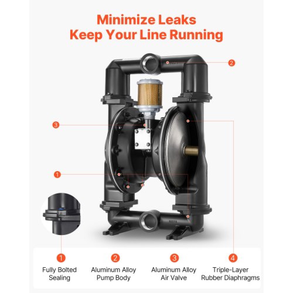 VEVOR Air Operated Double Diaphragm Pump, 598 L/min Max, Standard Int & Out Out Air Pneumatic Waste Oil Transfer Pump, Σώμα από κράμα αλουμινίου, Διπλά διαφράγματα, για πετρέλαιο, γράσο, κηροζίνη, βενζίνη