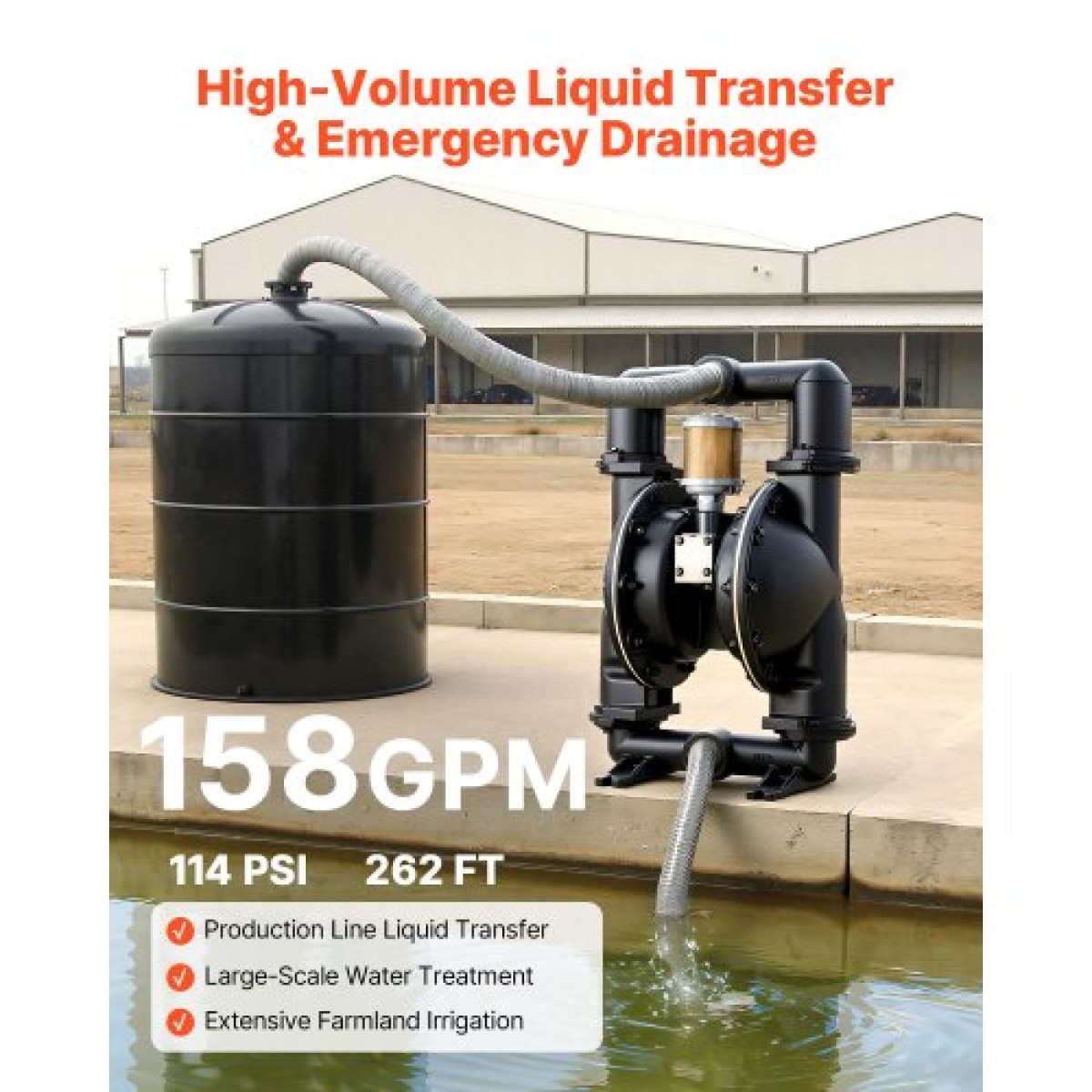 VEVOR Air Operated Double Diaphragm Pump, 598 L/min Max, Standard Int & Out Out Air Pneumatic Waste Oil Transfer Pump, Σώμα από κράμα αλουμινίου, Διπλά διαφράγματα, για πετρέλαιο, γράσο, κηροζίνη, βενζίνη