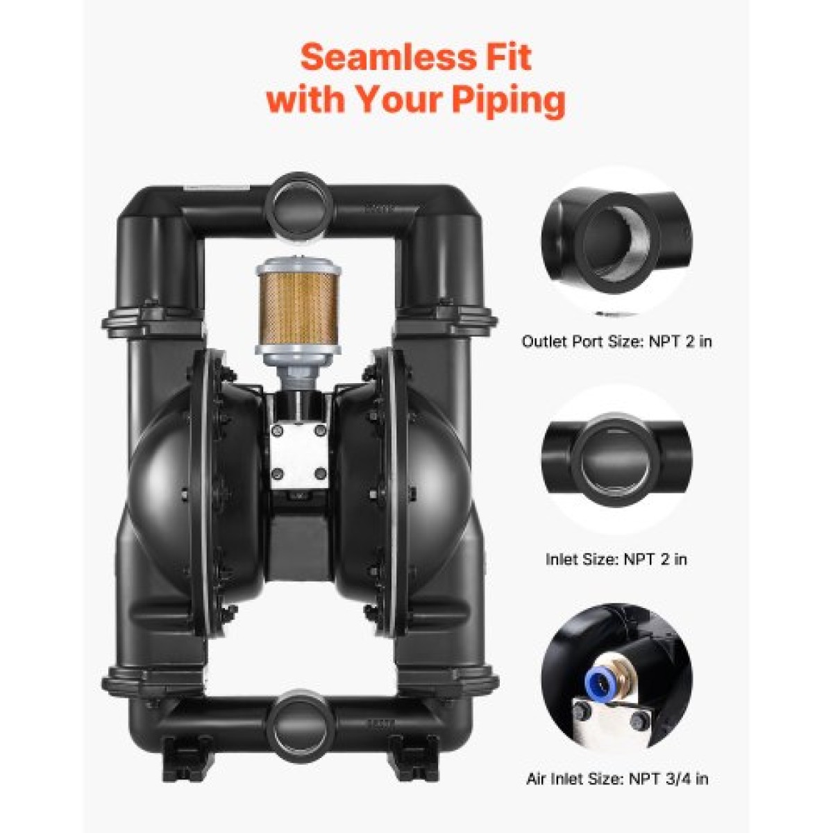 VEVOR Air Operated Double Diaphragm Pump, 598 L/min Max, Standard Int & Out Out Air Pneumatic Waste Oil Transfer Pump, Σώμα από κράμα αλουμινίου, Διπλά διαφράγματα, για πετρέλαιο, γράσο, κηροζίνη, βενζίνη