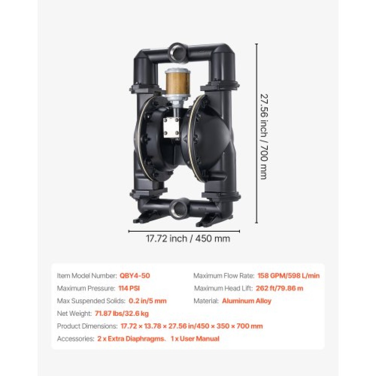 VEVOR Air Operated Double Diaphragm Pump, 598 L/min Max, Standard Int & Out Out Air Pneumatic Waste Oil Transfer Pump, Σώμα από κράμα αλουμινίου, Διπλά διαφράγματα, για πετρέλαιο, γράσο, κηροζίνη, βενζίνη
