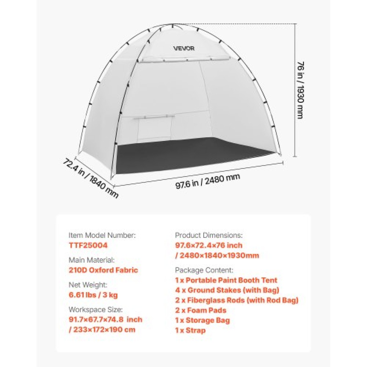 VEVOR Portable Paint Booth Tent, 2330 x 1720 x 1900mm Painting Tent Station, Spray Shelter με ενσωματωμένο δάπεδο & δικτυωτή οθόνη, μεγάλος χώρος, Oxford σκηνές βαφής με σπρέι για ντουλάπι, καρέκλες, τραπέζια