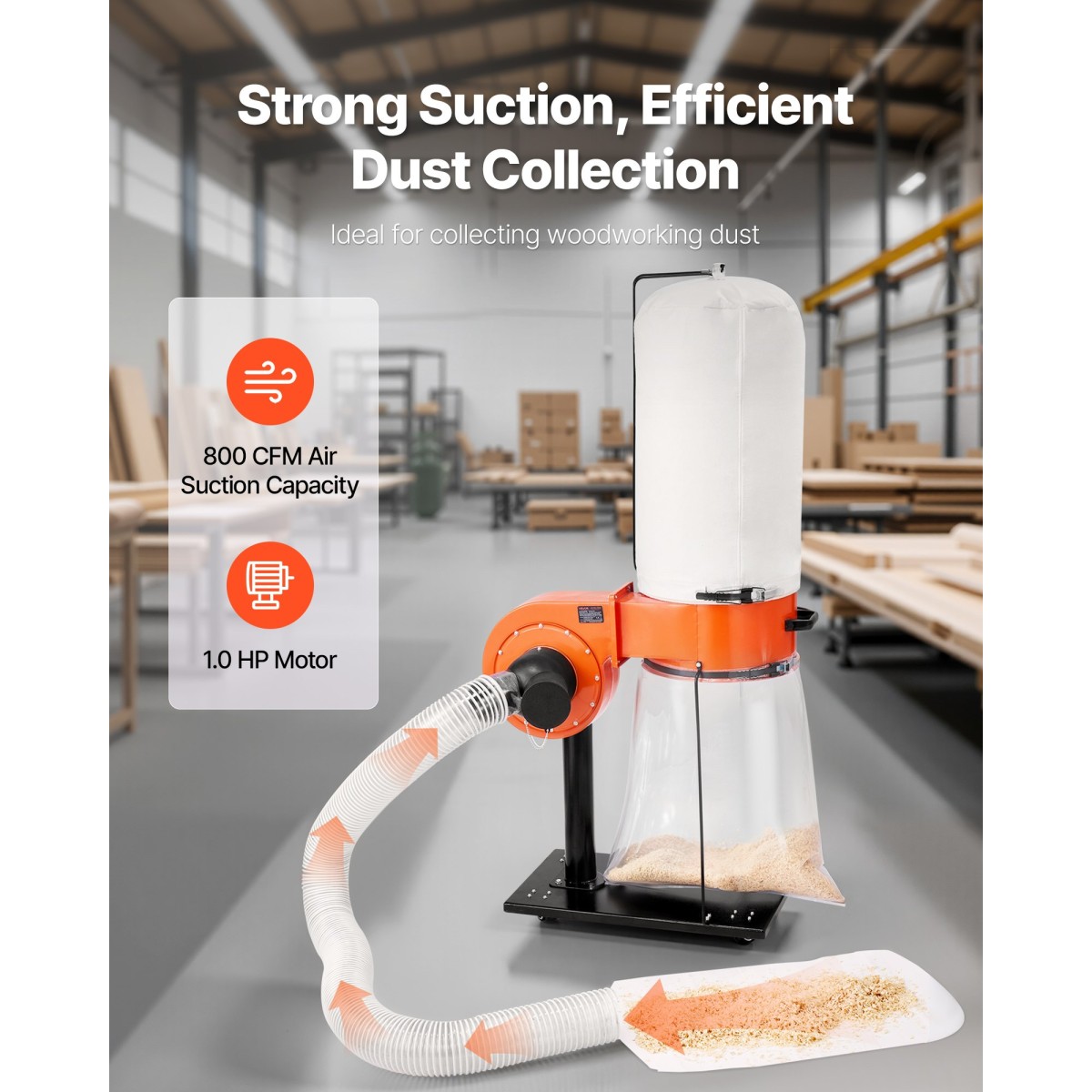 VEVOR Dust Collector, 800 CFM 2,5 Micron Vortex Cone Dust Collectors, 1HP Sawdust Collection System με 60L Dusts Collector Bag, Filter Bag και Casters, 2800 RPM High Speed, για ξυλουργική