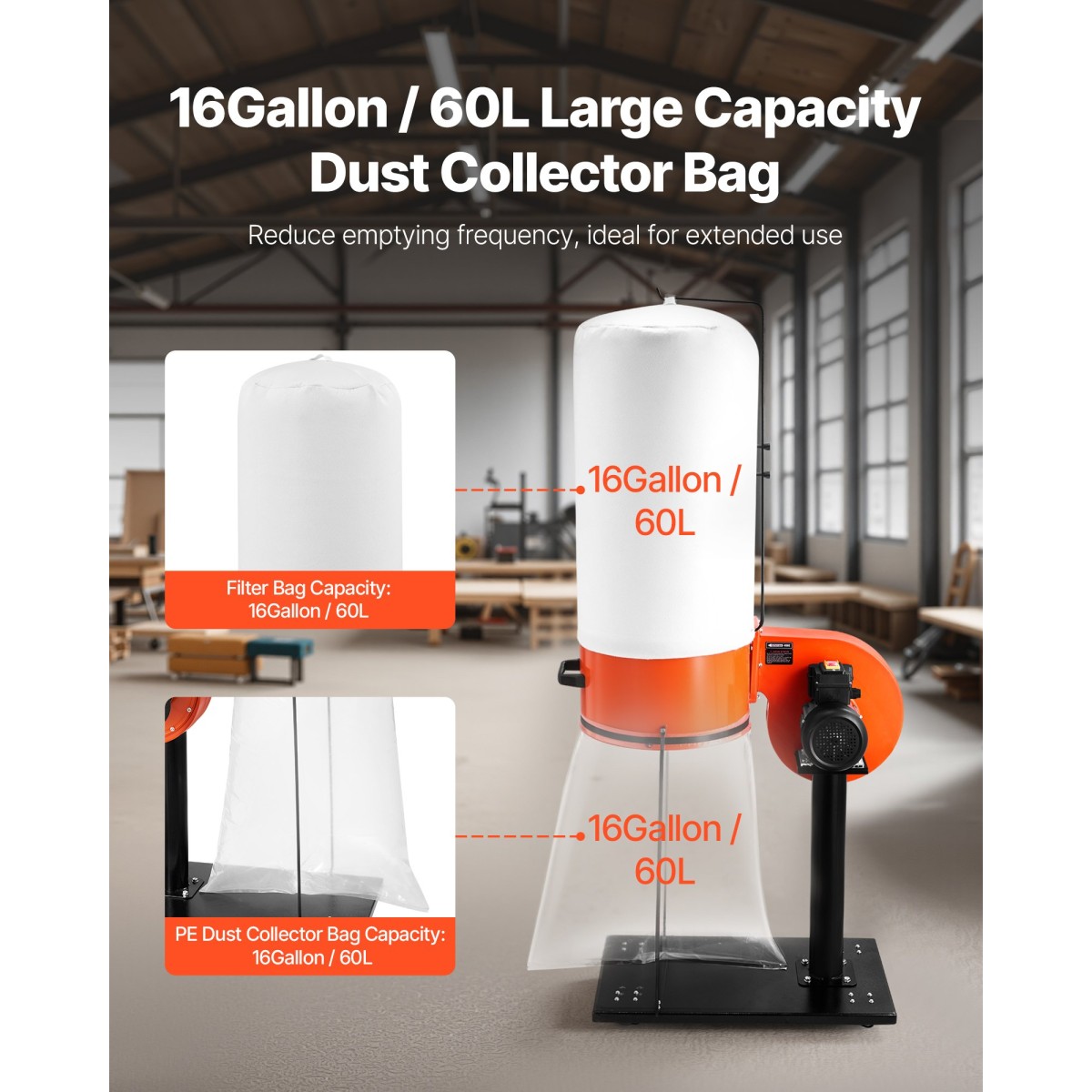 VEVOR Dust Collector, 800 CFM 2,5 Micron Vortex Cone Dust Collectors, 1HP Sawdust Collection System με 60L Dusts Collector Bag, Filter Bag και Casters, 2800 RPM High Speed, για ξυλουργική