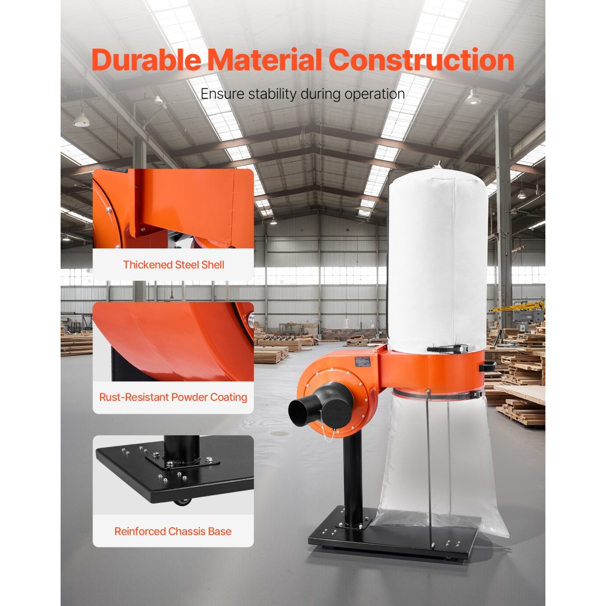 VEVOR Dust Collector, 800 CFM 2,5 Micron Vortex Cone Dust Collectors, 1HP Sawdust Collection System με 60L Dusts Collector Bag, Filter Bag και Casters, 2800 RPM High Speed, για ξυλουργική