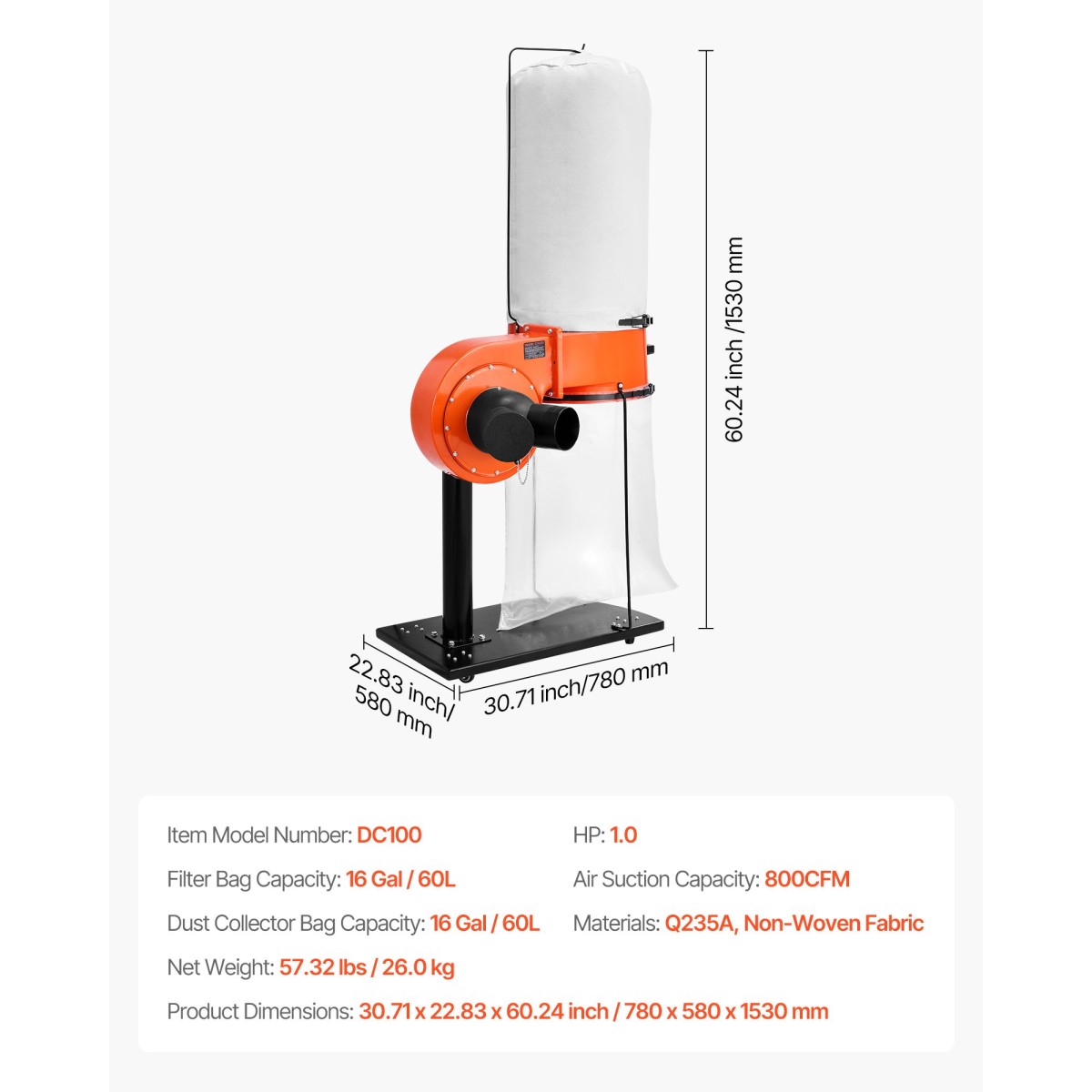 VEVOR Dust Collector, 800 CFM 2,5 Micron Vortex Cone Dust Collectors, 1HP Sawdust Collection System με 60L Dusts Collector Bag, Filter Bag και Casters, 2800 RPM High Speed, για ξυλουργική