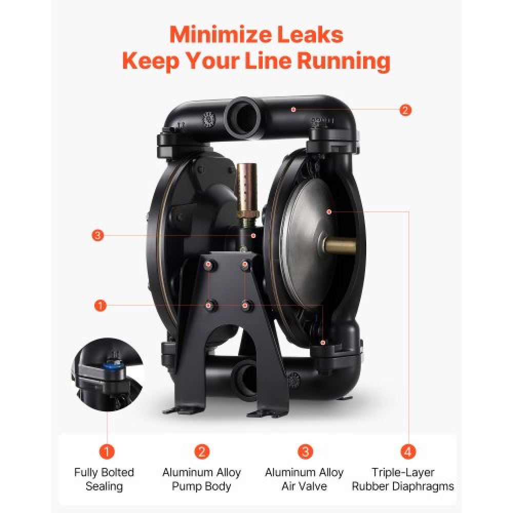 VEVOR Air Operated Double Diaphragm Pump, 132 L/min Max, Standard Int & Out Out Air Pneumatic Waste Oil Transfer Pump, Σώμα από κράμα αλουμινίου, Διπλά διαφράγματα, για ντίζελ, γράσο, κηροζίνη, βενζίνη