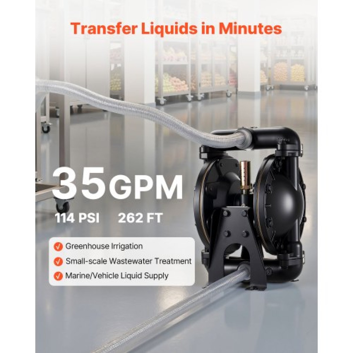 VEVOR Air Operated Double Diaphragm Pump, 132 L/min Max, Standard Int & Out Out Air Pneumatic Waste Oil Transfer Pump, Σώμα από κράμα αλουμινίου, Διπλά διαφράγματα, για ντίζελ, γράσο, κηροζίνη, βενζίνη