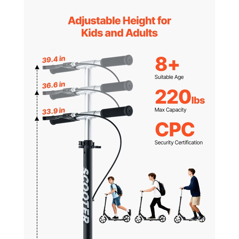 VEVOR Kick Scooter για Παιδιά Ηλικιών 8+, Έφηβοι και Ενήλικες, Μικρό σκούτερ 2 τροχών με τιμόνι ρυθμιζόμενου ύψους, φαρδύ αντιολισθητικό κατάστρωμα, αναδιπλούμενο ελαφρύ για αγόρια και κορίτσια έως 99,8 κιλά, μαύρο + ασημί