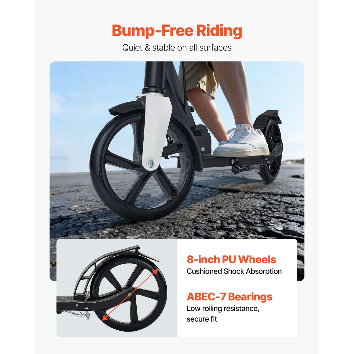 VEVOR Kick Scooter για Παιδιά Ηλικιών 8+, Έφηβοι και Ενήλικες, Μικρό σκούτερ 2 τροχών με τιμόνι ρυθμιζόμενου ύψους, φαρδύ αντιολισθητικό κατάστρωμα, αναδιπλούμενο ελαφρύ για αγόρια και κορίτσια έως 99,8 κιλά, μαύρο + ασημί