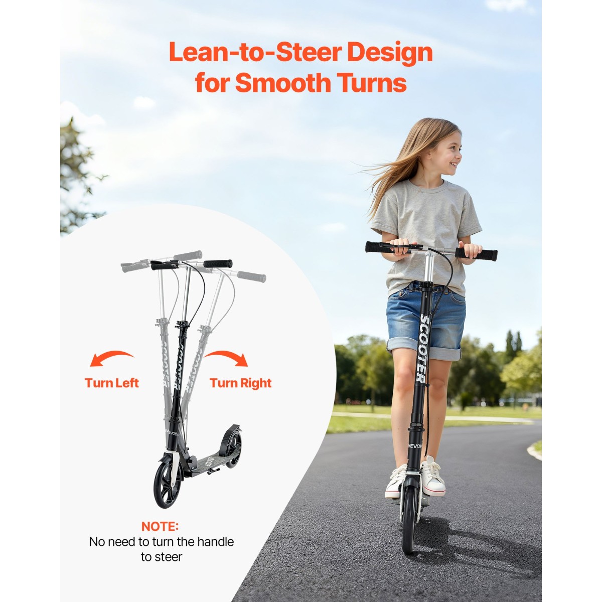 VEVOR Kick Scooter για Παιδιά Ηλικιών 8+, Έφηβοι και Ενήλικες, Μικρό σκούτερ 2 τροχών με τιμόνι ρυθμιζόμενου ύψους, φαρδύ αντιολισθητικό κατάστρωμα, αναδιπλούμενο ελαφρύ για αγόρια και κορίτσια έως 99,8 κιλά, μαύρο + ασημί