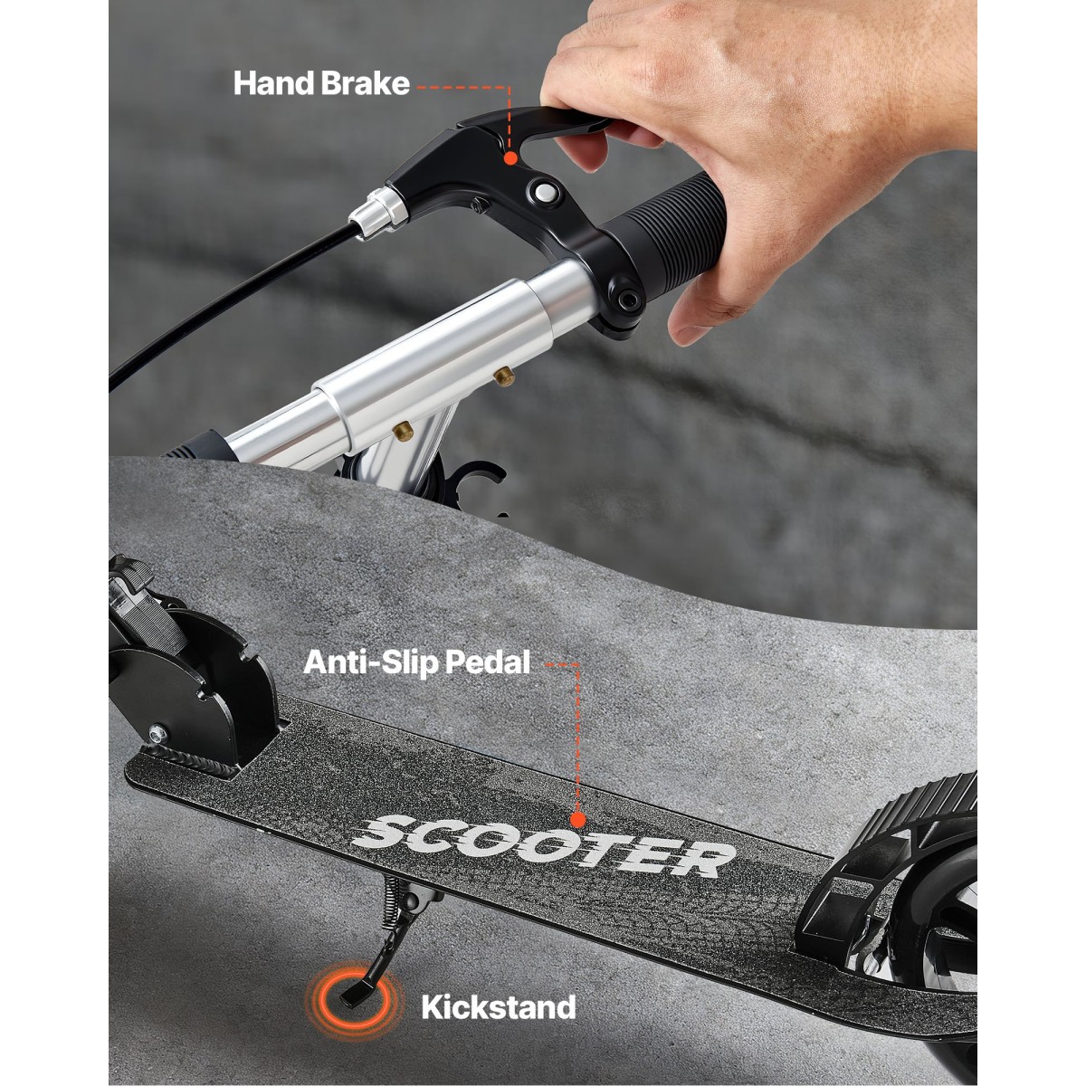 VEVOR Kick Scooter για Παιδιά Ηλικιών 8+, Έφηβοι και Ενήλικες, Μικρό σκούτερ 2 τροχών με τιμόνι ρυθμιζόμενου ύψους, φαρδύ αντιολισθητικό κατάστρωμα, αναδιπλούμενο ελαφρύ για αγόρια και κορίτσια έως 99,8 κιλά, μαύρο + ασημί
