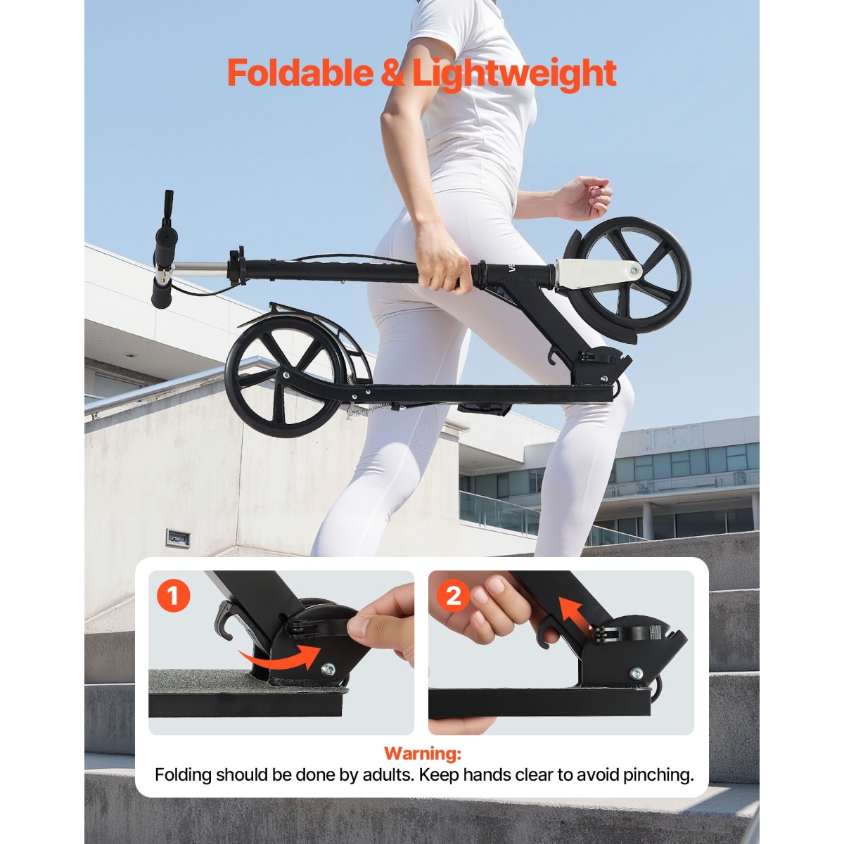 VEVOR Kick Scooter για Παιδιά Ηλικιών 8+, Έφηβοι και Ενήλικες, Μικρό σκούτερ 2 τροχών με τιμόνι ρυθμιζόμενου ύψους, φαρδύ αντιολισθητικό κατάστρωμα, αναδιπλούμενο ελαφρύ για αγόρια και κορίτσια έως 99,8 κιλά, μαύρο + ασημί