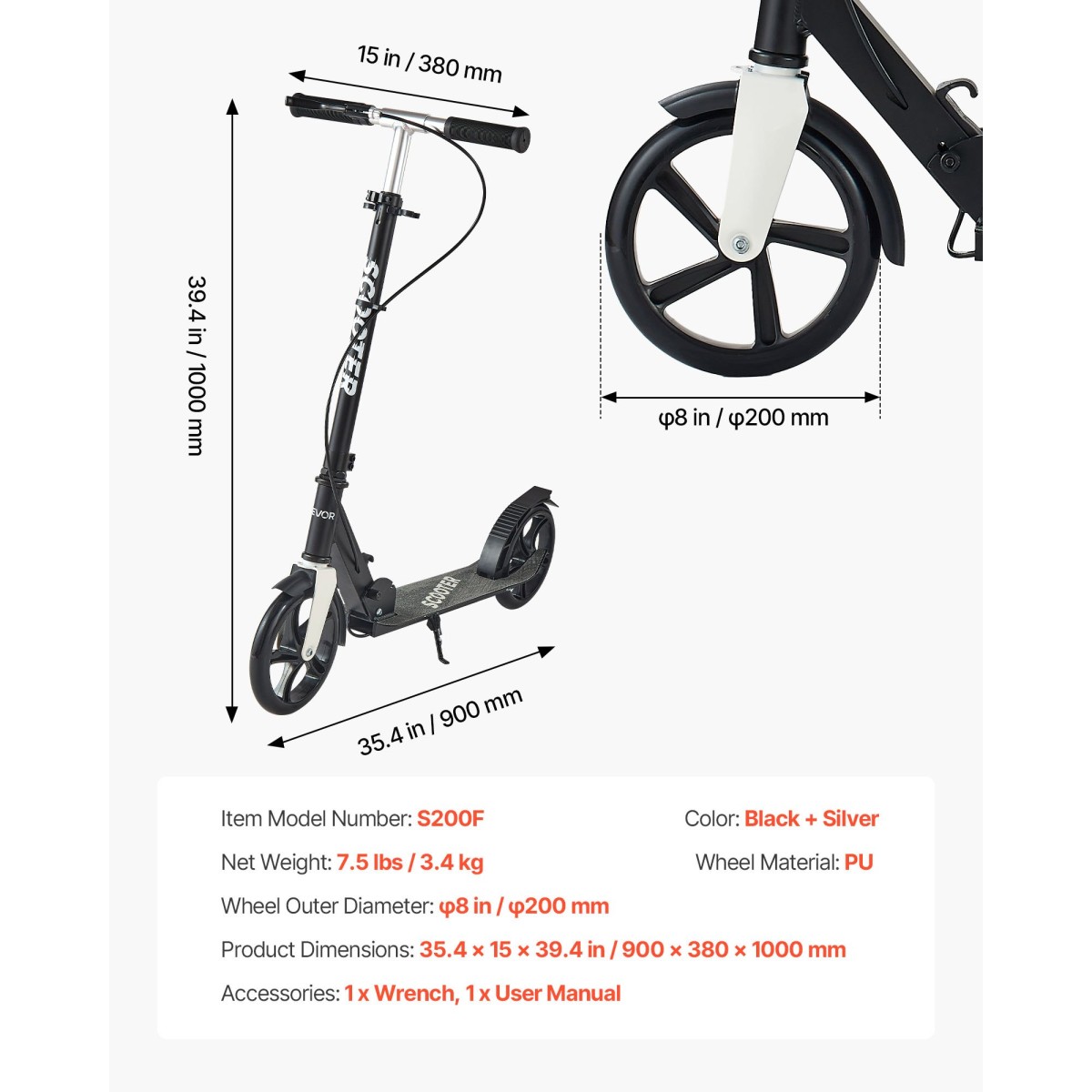 VEVOR Kick Scooter για Παιδιά Ηλικιών 8+, Έφηβοι και Ενήλικες, Μικρό σκούτερ 2 τροχών με τιμόνι ρυθμιζόμενου ύψους, φαρδύ αντιολισθητικό κατάστρωμα, αναδιπλούμενο ελαφρύ για αγόρια και κορίτσια έως 99,8 κιλά, μαύρο + ασημί