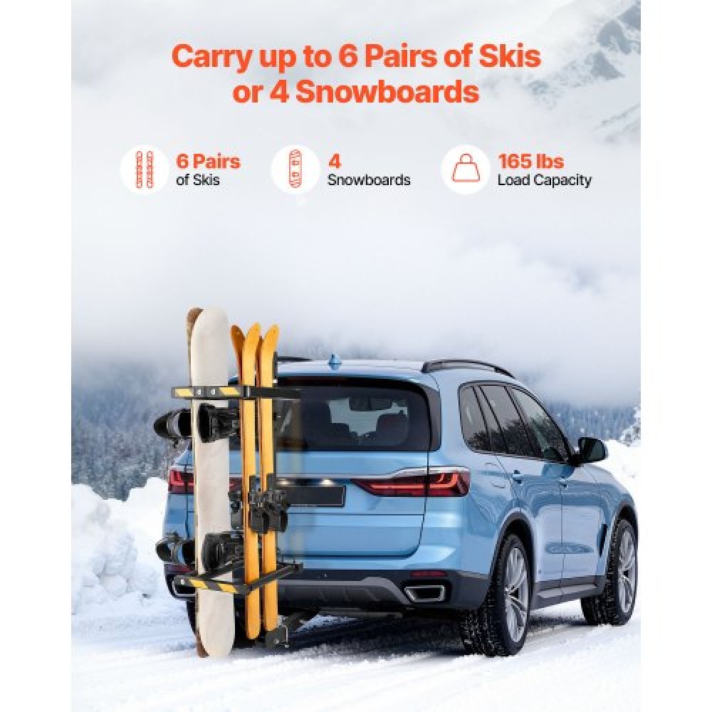 Βάση σκι και Snowboard με πτυσσόμενο κοτσαδόρο VEVOR, Ταιριάζει σε δέκτη 50 mm, Μεταφέρει έως και 6 ζευγάρια σκι ή 4 Snowboard, Ρυθμιζόμενη σχάρα για αυτοκίνητο με κλειδαριά, ιμάντα ασφαλείας, πρόσβαση με κλίση