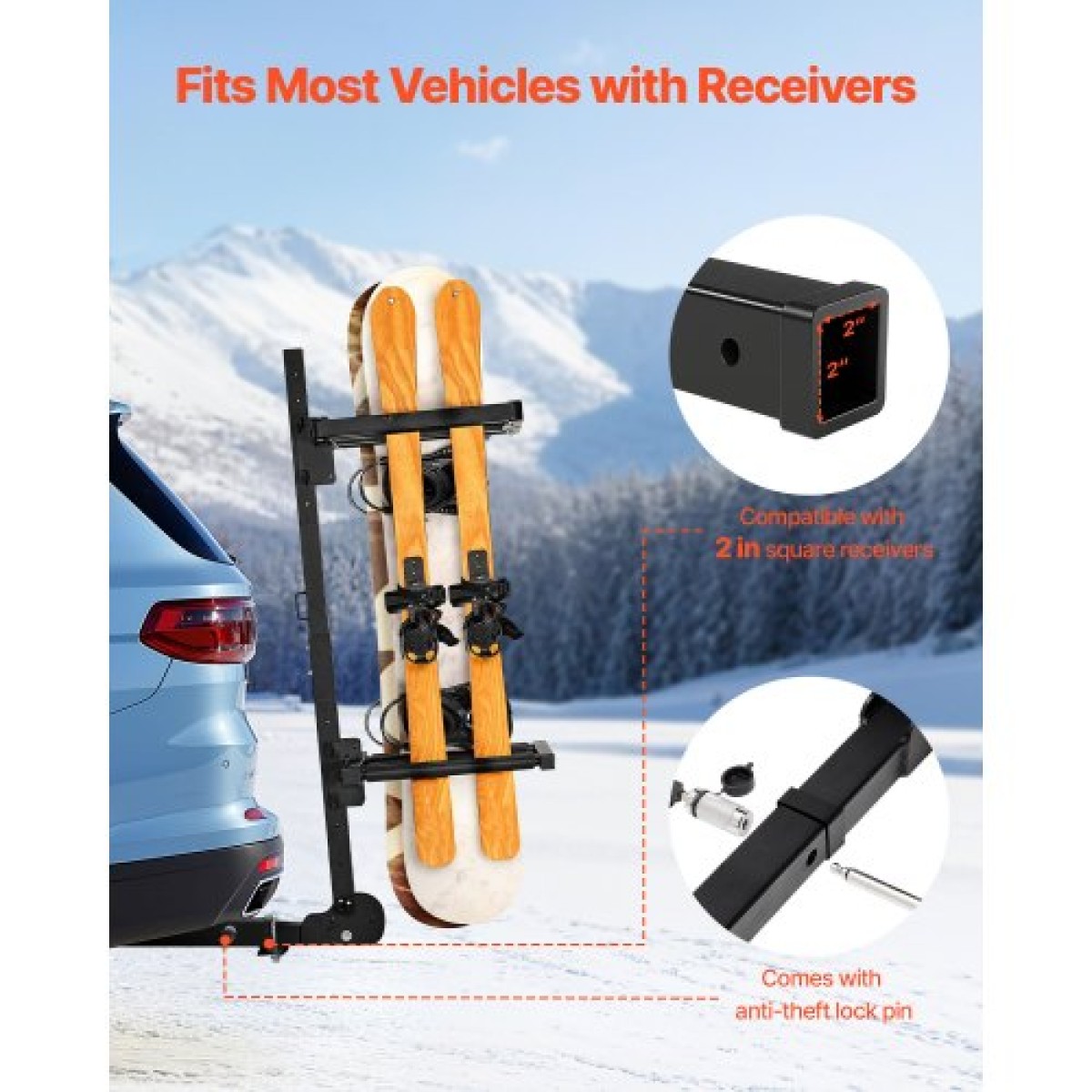 Βάση σκι και Snowboard με πτυσσόμενο κοτσαδόρο VEVOR, Ταιριάζει σε δέκτη 50 mm, Μεταφέρει έως και 6 ζευγάρια σκι ή 4 Snowboard, Ρυθμιζόμενη σχάρα για αυτοκίνητο με κλειδαριά, ιμάντα ασφαλείας, πρόσβαση με κλίση