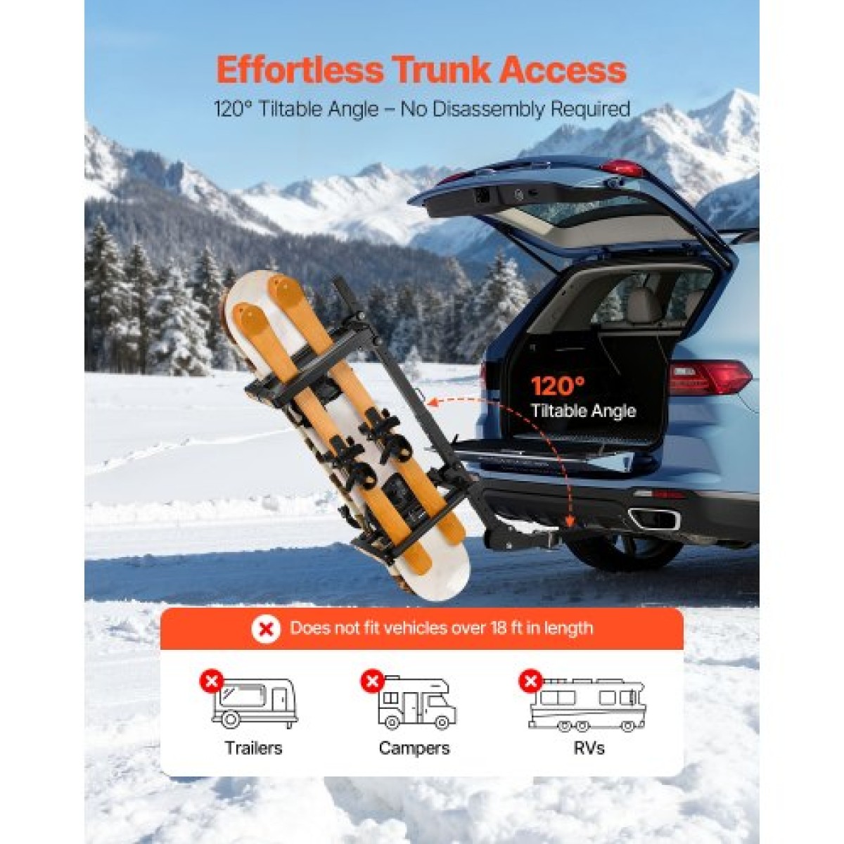 Βάση σκι και Snowboard με πτυσσόμενο κοτσαδόρο VEVOR, Ταιριάζει σε δέκτη 50 mm, Μεταφέρει έως και 6 ζευγάρια σκι ή 4 Snowboard, Ρυθμιζόμενη σχάρα για αυτοκίνητο με κλειδαριά, ιμάντα ασφαλείας, πρόσβαση με κλίση