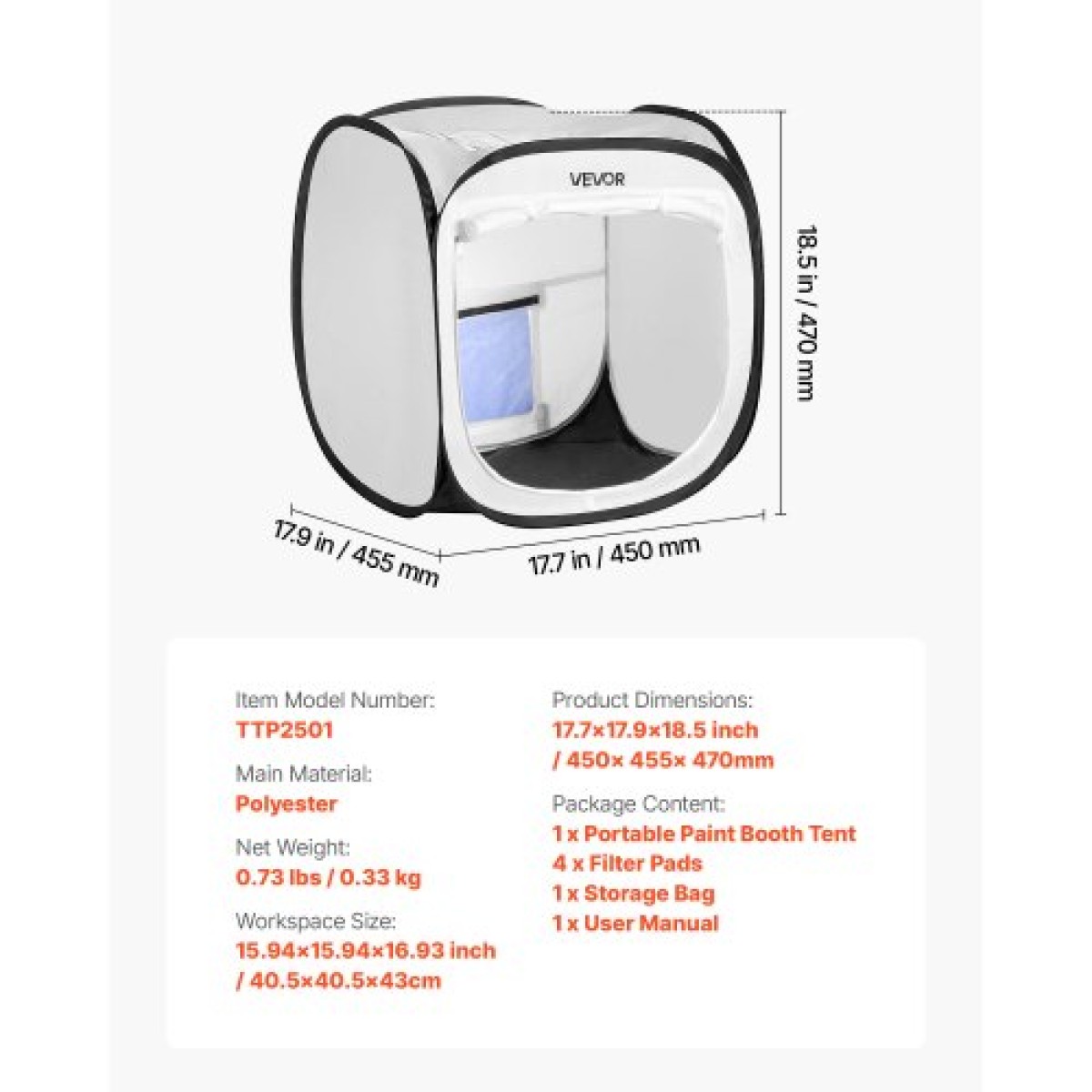 Φορητή σκηνή VEVOR Paint Booth, 405 x 405 x 430mm Pop-Up Portable Spray Paint Tent with Mesh Door, Τέντες ζωγραφικής με σπρέι για μικρά μοντέλα, γλυπτά, κορνίζες φωτογραφιών, Pop-up σχέδιο, αδιάβροχη