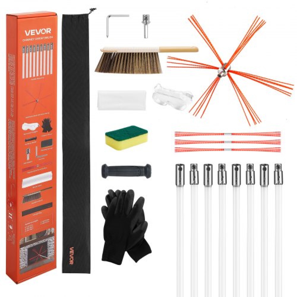 VEVOR Chimney Sweep Kit, 8m Maximum Extendable Length Chimney Brush, Chimneys Cleaning Kit with Bristle Replacements & Goggles, 90° Bendable Fireplace Cleaning Tool, for Square, Rectangle Chimneys