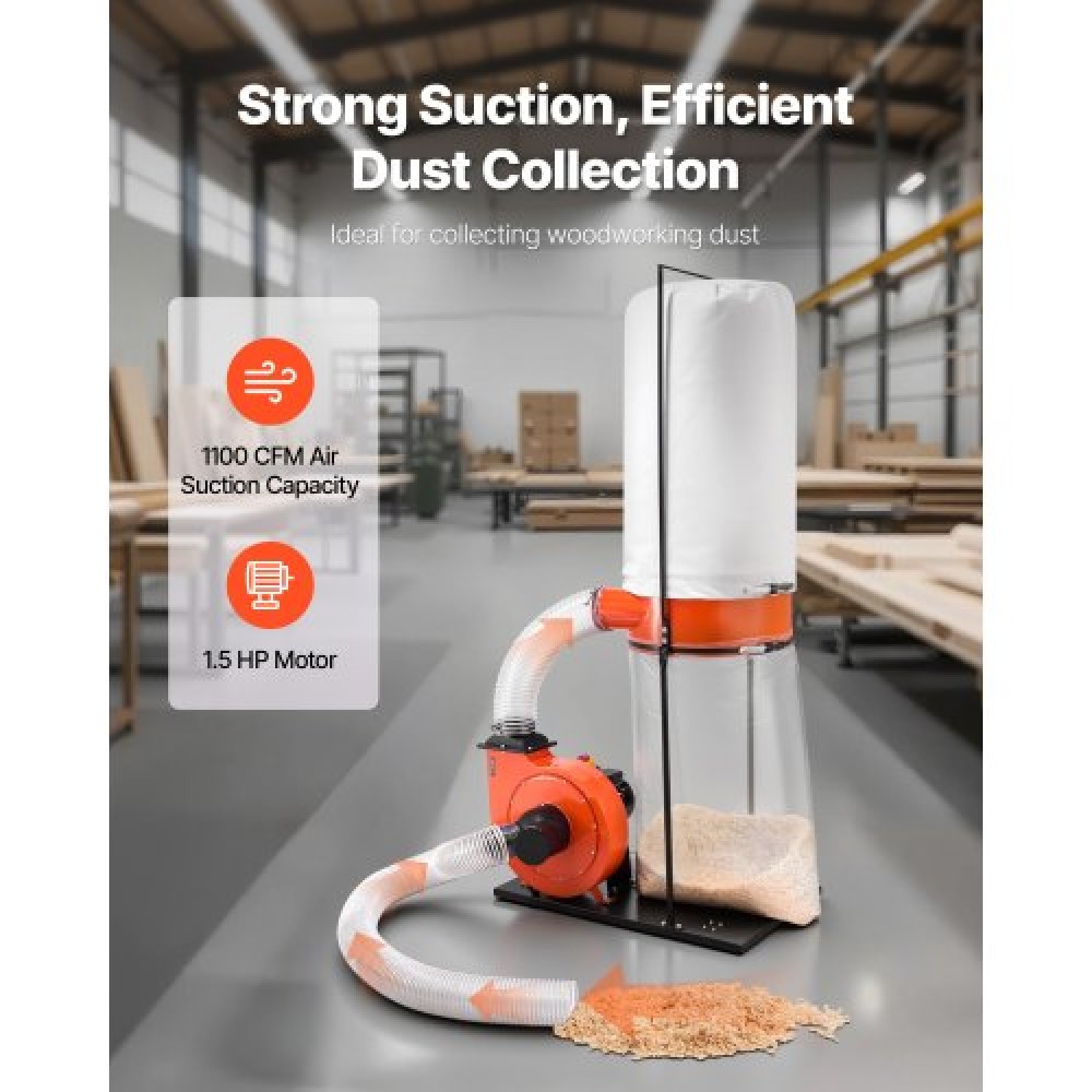 VEVOR Dust Collector, 1100 CFM 2.5 Micron Vortex Cone Dust Collectors, 1.5HP Sawdust Collection System with132.5L Dusts Collector Bag & 159L Filter Bag, 2800 RPM High Speed, for Wood Chips