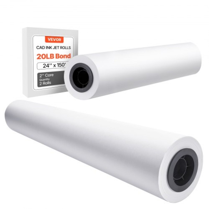 Χαρτί ευρείας μορφής VEVOR, 609,6 mm x 45,7 m Roll Plotter, 2 Rolls CAD Bond Rolls με 50,8 mm Core, 80 Rolls Plotter GSM, για σχέδια CAD, μηχανολογικά σχέδια, χάρτες GIS και αρχιτεκτονικά σχέδια