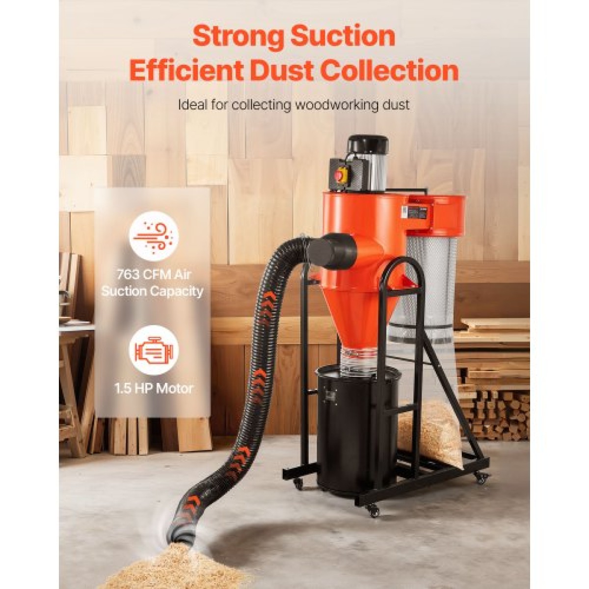 VEVOR Dust Collector, 763 CFM 1 Micron Cyclone Dust Collector, 1,5HP Dusts Separator με 47,32L Dust Collector Bag & Base Stand, Smart Cyclone Separation, Dusts Collection System for Woodworking