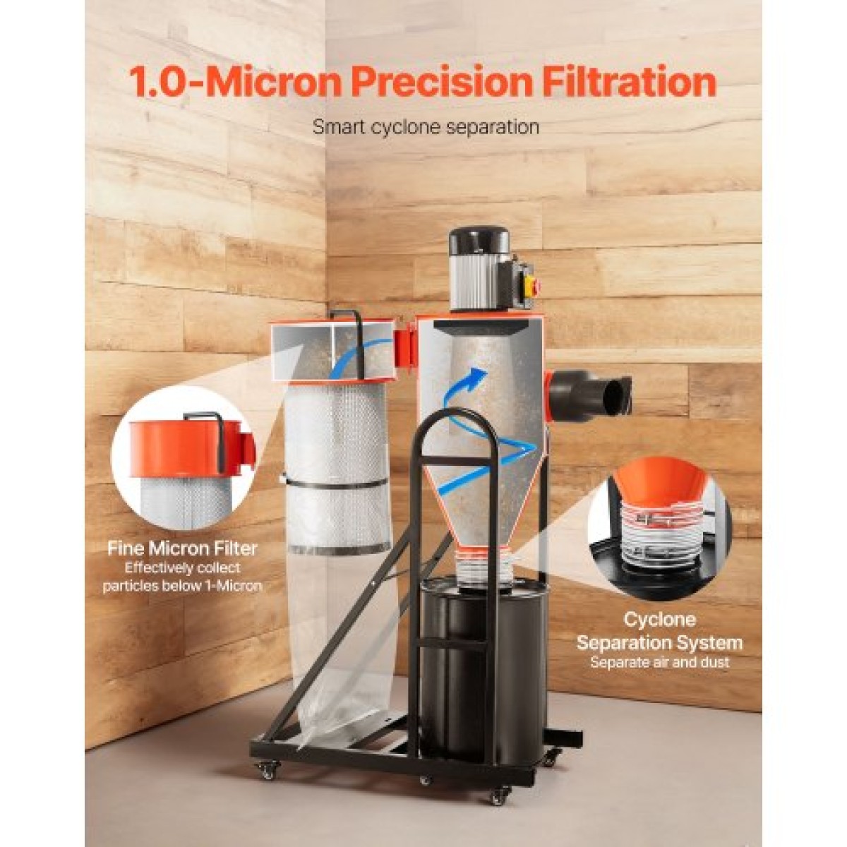 VEVOR Dust Collector, 763 CFM 1 Micron Cyclone Dust Collector, 1,5HP Dusts Separator με 47,32L Dust Collector Bag & Base Stand, Smart Cyclone Separation, Dusts Collection System for Woodworking