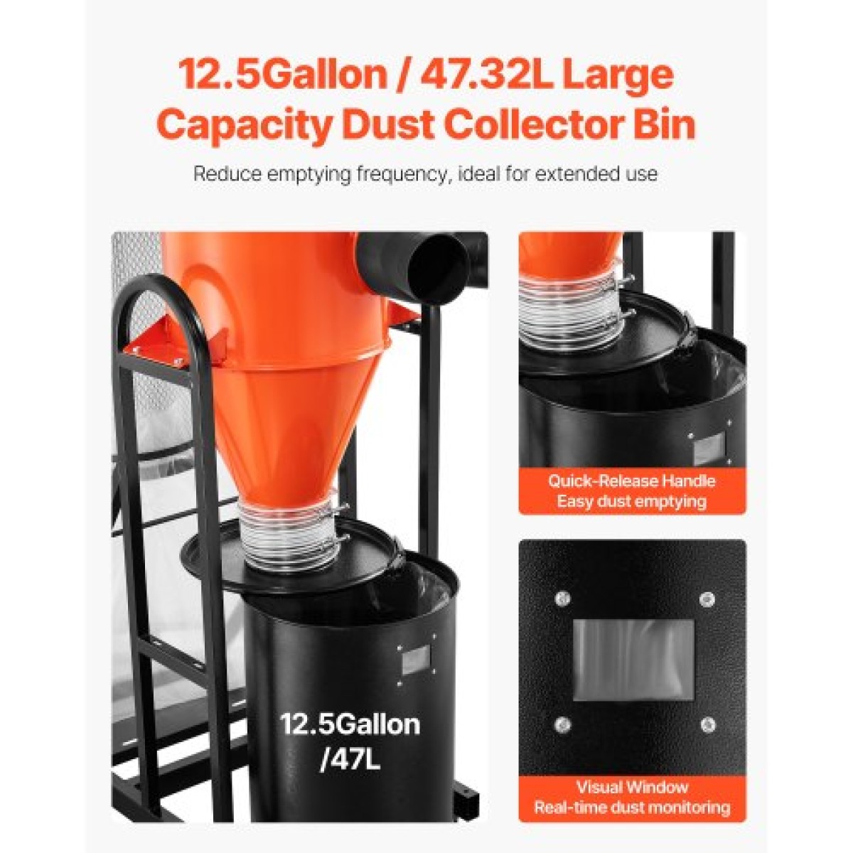 VEVOR Dust Collector, 763 CFM 1 Micron Cyclone Dust Collector, 1,5HP Dusts Separator με 47,32L Dust Collector Bag & Base Stand, Smart Cyclone Separation, Dusts Collection System for Woodworking
