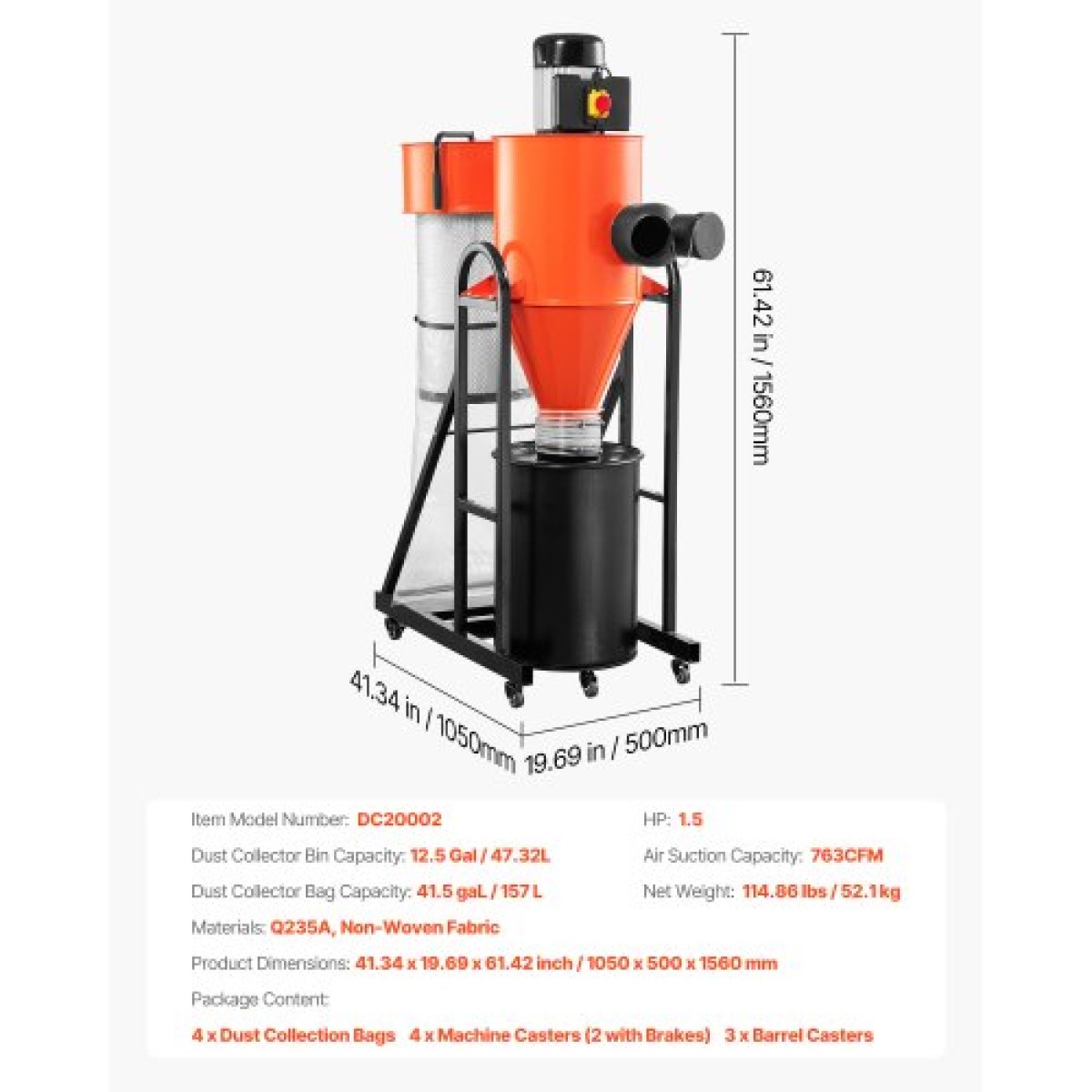 VEVOR Dust Collector, 763 CFM 1 Micron Cyclone Dust Collector, 1,5HP Dusts Separator με 47,32L Dust Collector Bag & Base Stand, Smart Cyclone Separation, Dusts Collection System for Woodworking