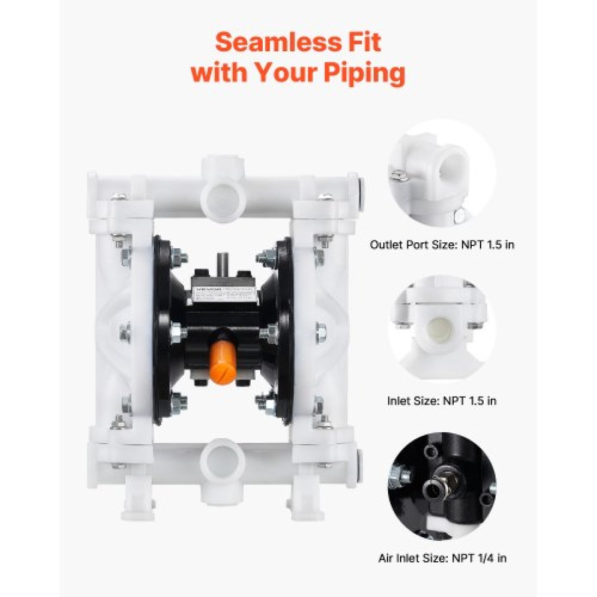 VEVOR Air Operated Double Diaphragm Pump, 17 L/min Max, Standard Init & Out Out Air Pneumatic Waste Oil Transfer Pump, Σώμα πολυπροπυλενίου, Διπλά διαφράγματα, για πετρέλαιο, γράσο, κηροζίνη, βενζίνη