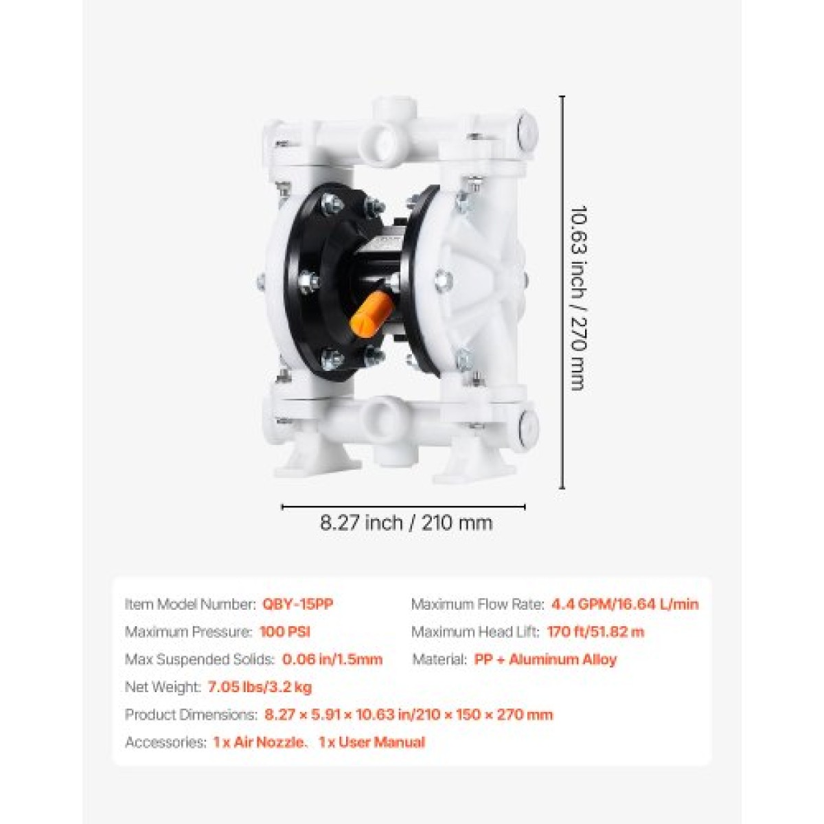 VEVOR Air Operated Double Diaphragm Pump, 17 L/min Max, Standard Init & Out Out Air Pneumatic Waste Oil Transfer Pump, Σώμα πολυπροπυλενίου, Διπλά διαφράγματα, για πετρέλαιο, γράσο, κηροζίνη, βενζίνη