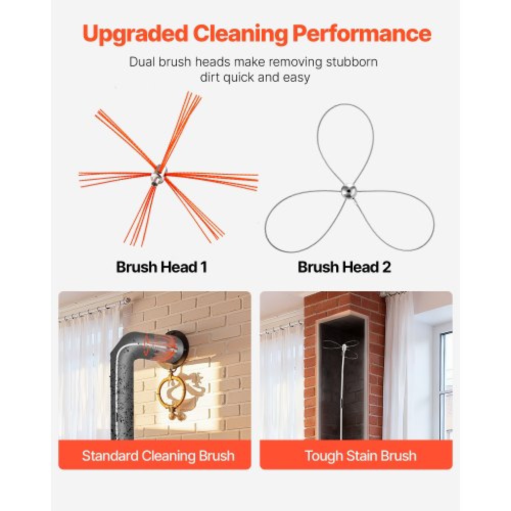 VEVOR Chimney Sweep Kit, 9m Maximum Extendable Length Chimney Brush, Chimney Cleaner Sweeper with Dual Brush Heads, Brush & Goggles, Fireplace Cleaning Tool for Square, Rectangle, Arch Chimneys