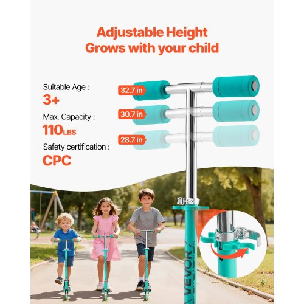 VEVOR Kick Scooter for Kids Ages 3+, 2-Wheel Toddler Scooter with Light-Up Wheels, Adjustable Height Handlebar, Wide Anti-Slip Deck, Foldable Lightweight Frame for Boys and Girls up to 49.9 kg, Green
