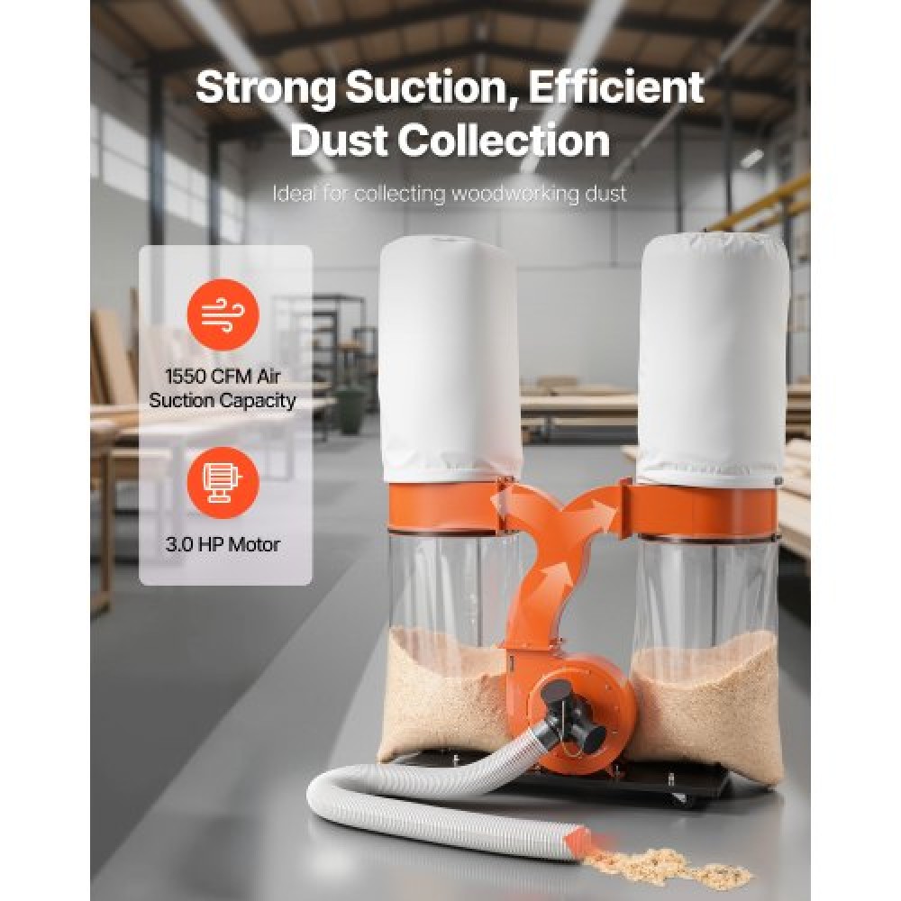 VEVOR Dust Collector, 1550 CFM 2.5 Micron Vortex Cone Dust Collectors, 3.0HP Sawdust Collection System with Two 132.5L Dusts Collector Bags & Two 159L Filter Bags, 2800 RPM, Non-Woven Fabric