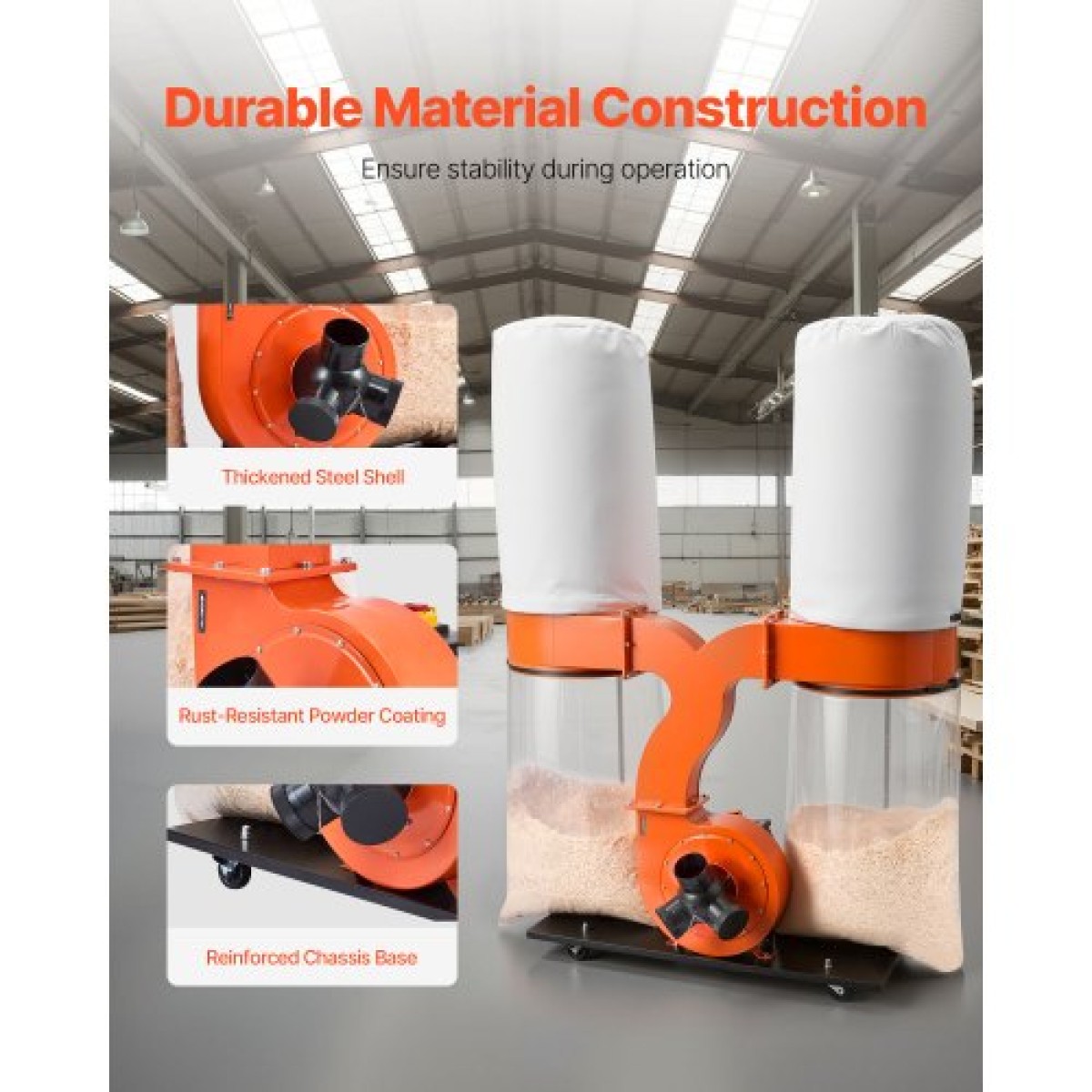 VEVOR Dust Collector, 1550 CFM 2,5 Micron Vortex Cone Dust Collectors, 3,0HP Sawdust Collector System with Two Dusts Collector Bags 132,5L & Two Filter Bags 159L, 2800 RPM, Non-woven Fabric
