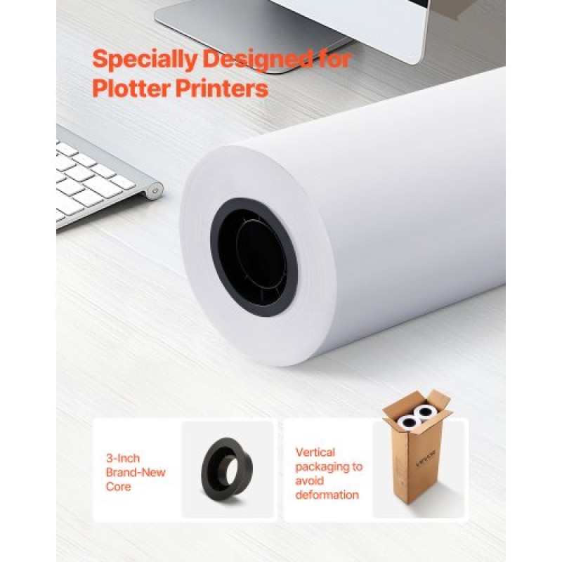 Χαρτί ευρείας μορφής VEVOR, 762 mm x 152,4 m Roll Plotter, 2 Rolls CAD Bond Rolls με 76,2 mm Core, 80 Rolls Plotter GSM, για σχέδια CAD, μηχανολογικά σχέδια, χάρτες GIS και αρχιτεκτονικά σχέδια