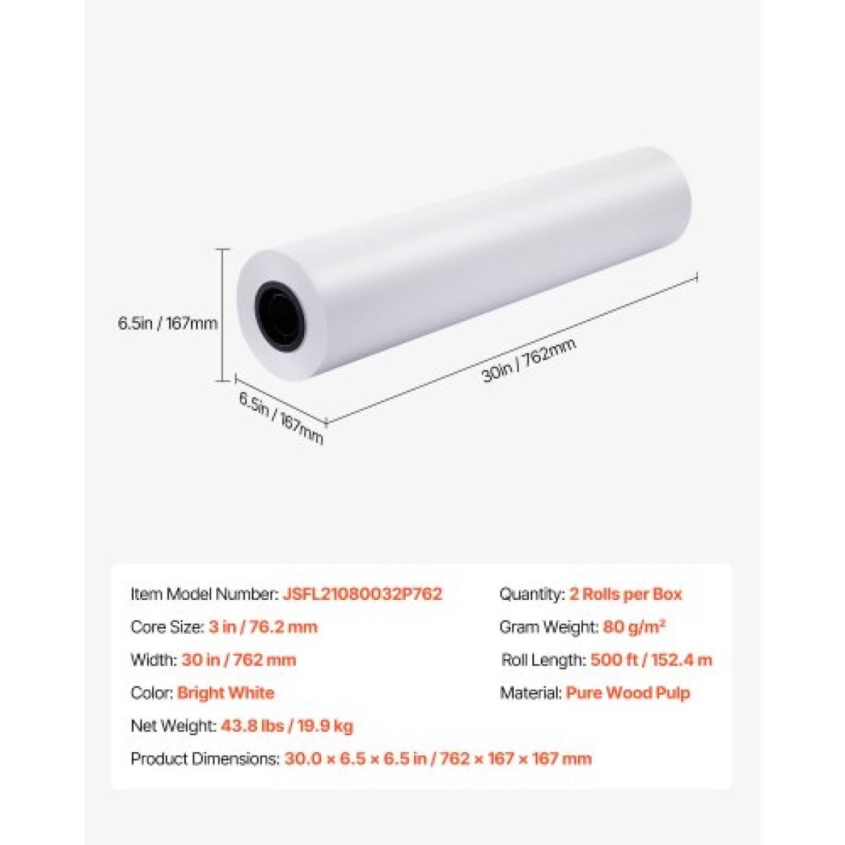 Χαρτί ευρείας μορφής VEVOR, 762 mm x 152,4 m Roll Plotter, 2 Rolls CAD Bond Rolls με 76,2 mm Core, 80 Rolls Plotter GSM, για σχέδια CAD, μηχανολογικά σχέδια, χάρτες GIS και αρχιτεκτονικά σχέδια