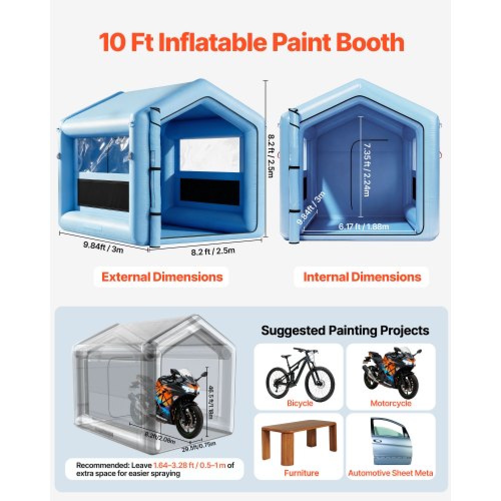 VEVOR Inflatable Paint Booth, 3 x 2.5 x 2.5 m, Inflatable Spray Booth with 550W Powerful Blower and Air Filter System, Triangular Roof, for Painting Bicycle, Motorcycle, Automotive Sheet Metal
