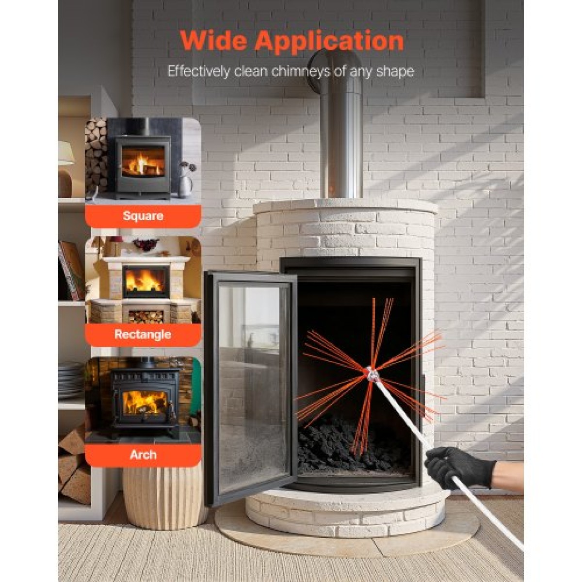 Κιτ Καμινάδας VEVOR, βούρτσα καμινάδας μέγιστου επεκτάσιμου μήκους, καθαριστικό καμινάδας με διπλές κεφαλές βούρτσας, βούρτσα και γυαλιά, Εργαλείο καθαρισμού τζακιού για τετράγωνες, ορθογώνιες, καμινάδες καμάρας
