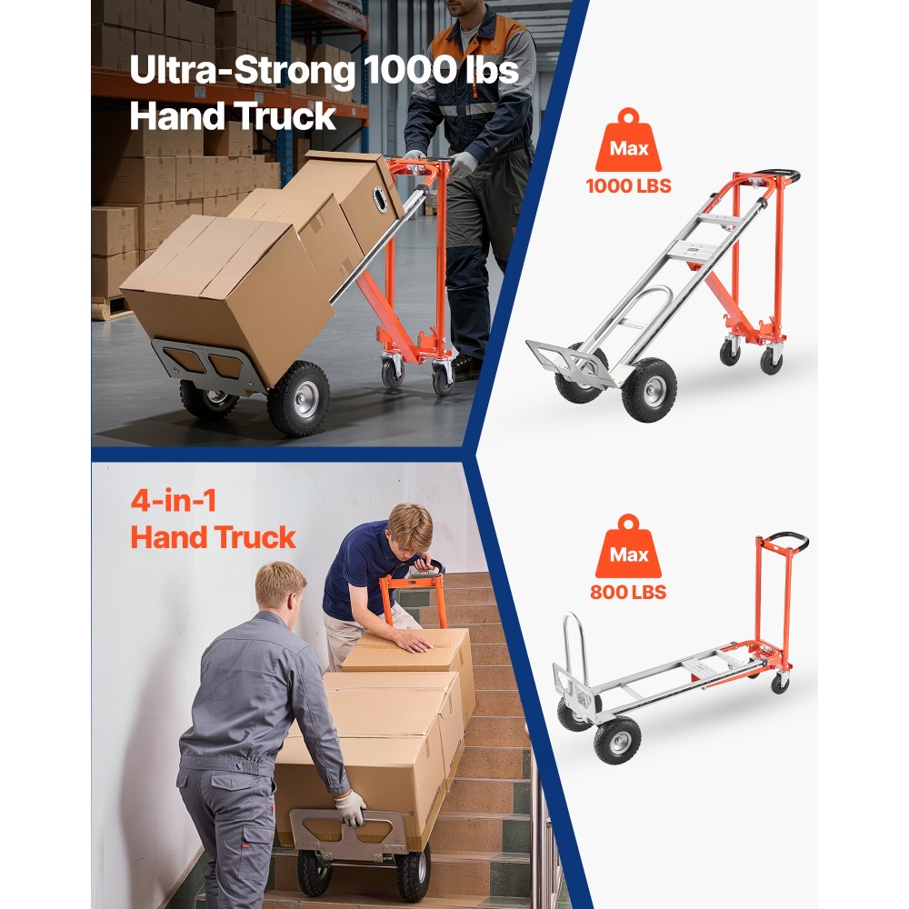 VEVOR 4 in 1 Hand Truck, 453,6 kg Χωρητικότητα φόρτωσης για λειτουργία 4 τροχών, Convertible Hand Truck Dolly με αντιολισθητική λαβή & ρόδες, φορητό τρόλεϊ από κράμα αλουμινίου για μετακίνηση σπίτι, γραφείο, αποθήκη