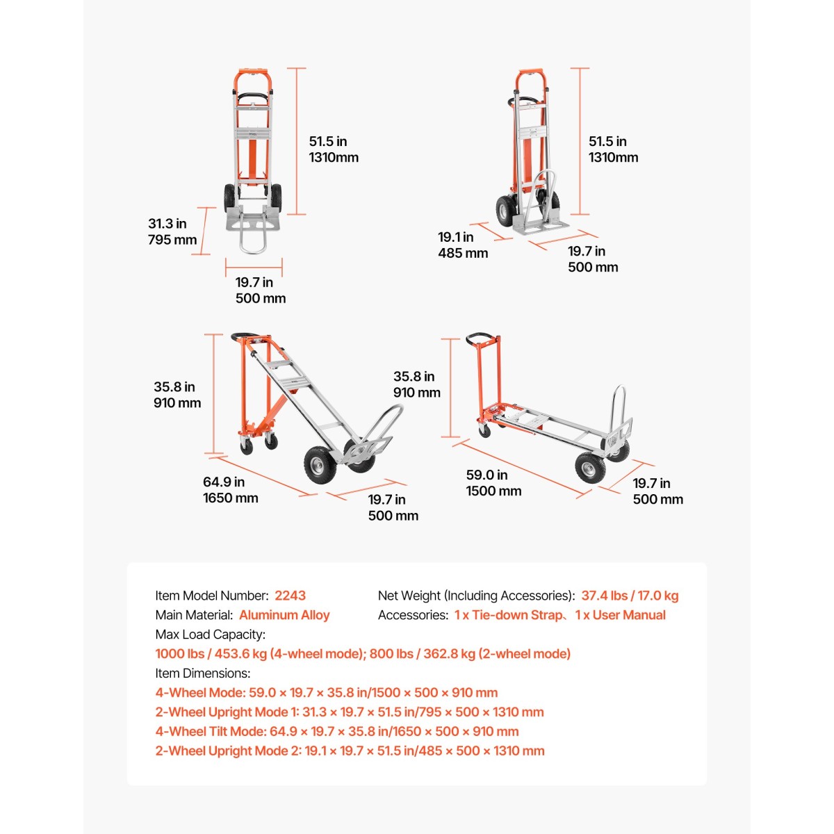 VEVOR 4 in 1 Hand Truck, 453,6 kg Χωρητικότητα φόρτωσης για λειτουργία 4 τροχών, Convertible Hand Truck Dolly με αντιολισθητική λαβή & ρόδες, φορητό τρόλεϊ από κράμα αλουμινίου για μετακίνηση σπίτι, γραφείο, αποθήκη